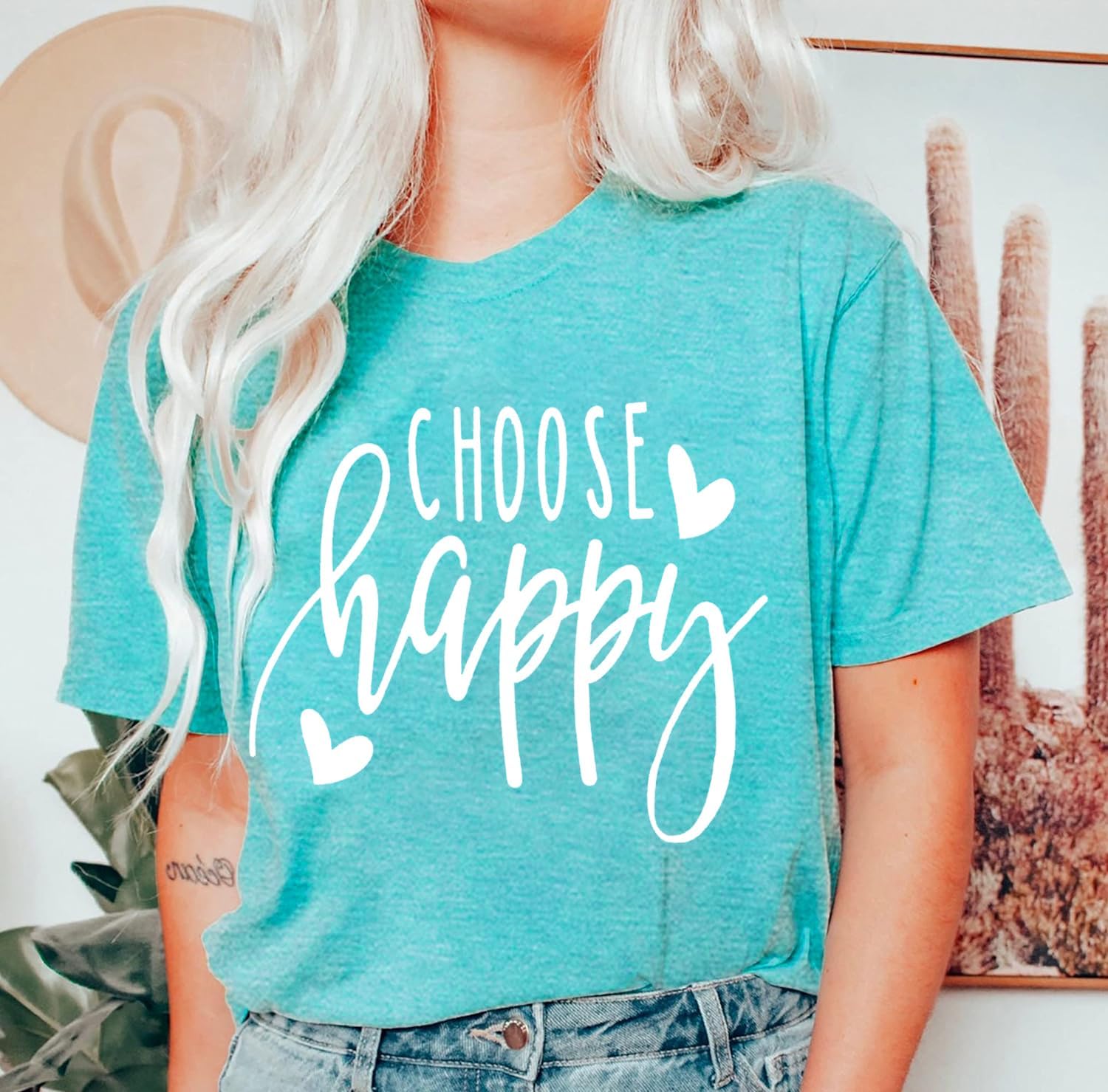 Funny Cute Graphic Tees for Women Choose Happy Letter Print T Shirts Love Heart Inspirational Shirt Casual Short Sleeve Tops - Image 2