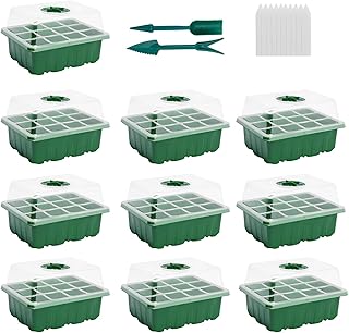 Seed Trays,10 Packs Seed Starter Tray Seedling Tray (12 Cells Per Tray) Humidity Adjustable Plant Starter Kit with Dome and Base Greenhouse Grow Trays for Seeds Growing Starting