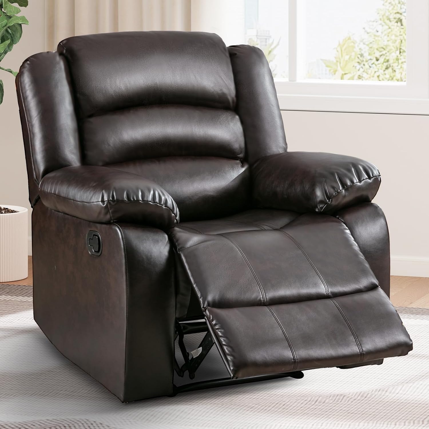IOMOR Manual Recliner Chair: Overstuffed Arms, Extra-Padded Back, Breathable PU Leather Single Sofa for Adults - Dark Brown, 350 lbs Capacity