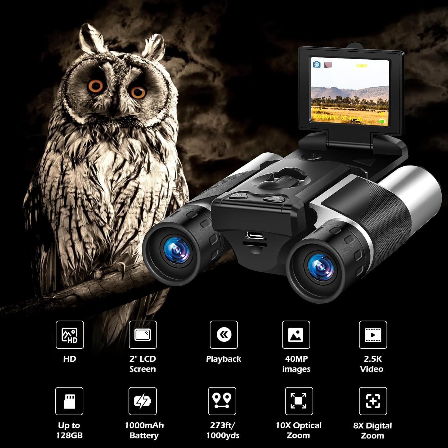 Eoncore Prismáticos de cámara de 2 pulgadas, zoom digital óptico de 10x 8X para adultos | Función de video fotográfico integrada con resolución de 40 MP y 2.5 K, equipada con tarjeta de 32 GB para uso en exteriores