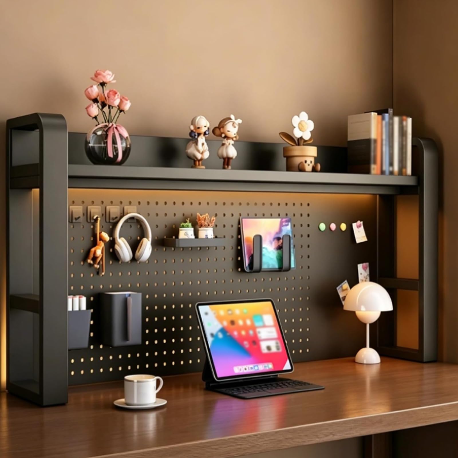 Mensola da scrivania a 2/3/4 livelli con pannello forato e accessori, libreria da scrivania in metallo, organizer da scrivania fai-da-te, per tavolo da studio(Black+Black,(2-Tier)37.4x10x26")
