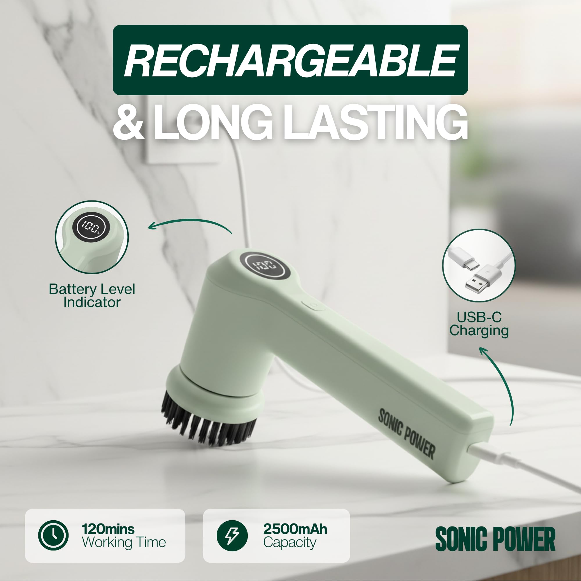 SonicPower Limpiador giratorio eléctrico, de mano y ergonómico, impermeable IPx7, 4 accesorios multiusos incluidos, batería recargable de larga duración (salvia)
