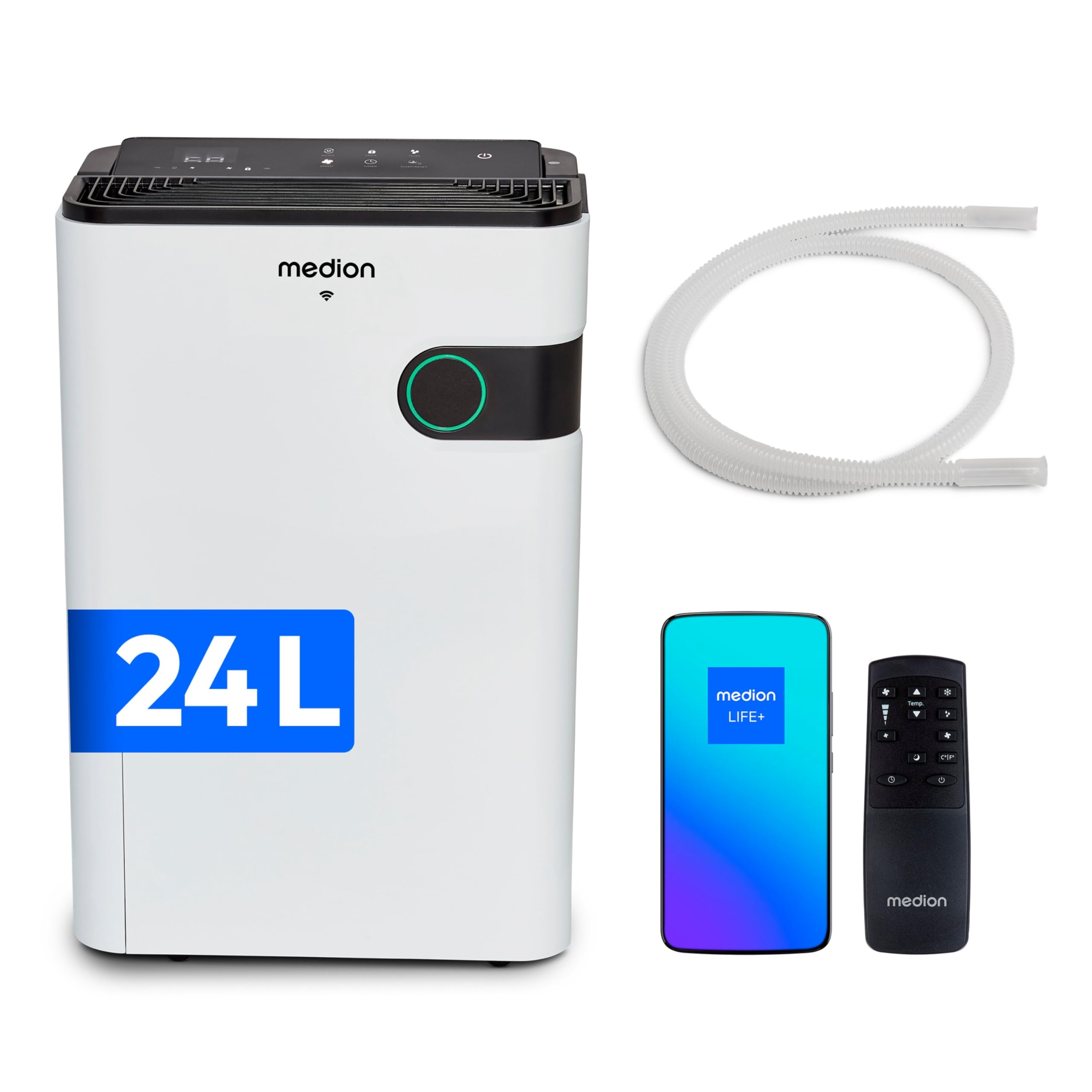 Deshumidificador MEDION con app y control por voz (depósito de agua de 5L, hasta 40m², rendimiento de deshumidificación 24L/día, 280W potencia máx., 2 niveles de velocidad, funcionamiento táctil