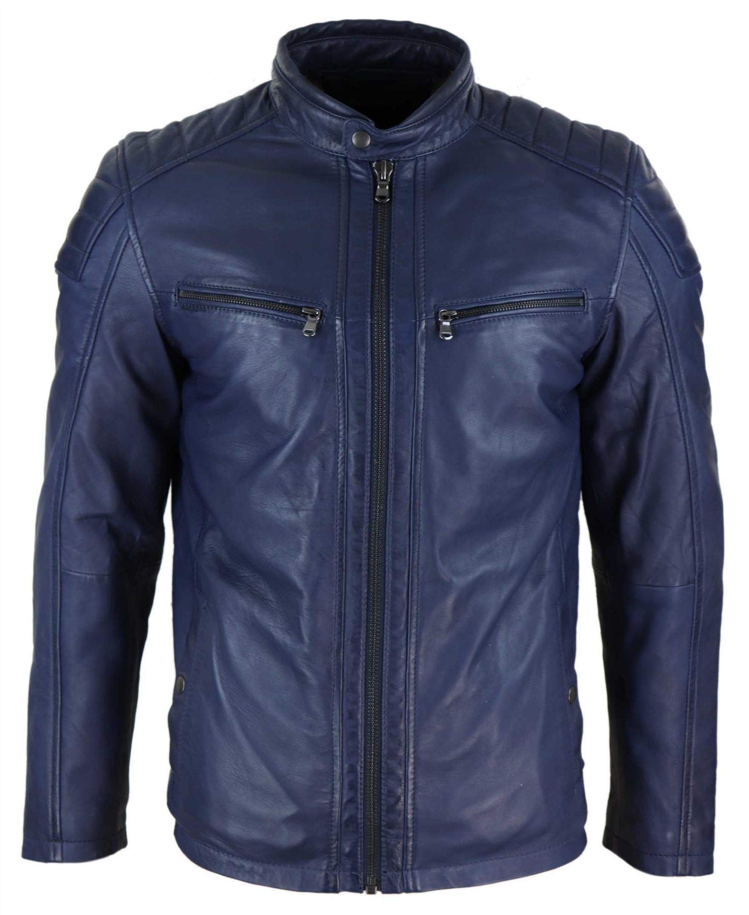Infinity Leather Men's Leather Company Leather Jacket Biker Zipped Tailored Fit - Navy - Small
