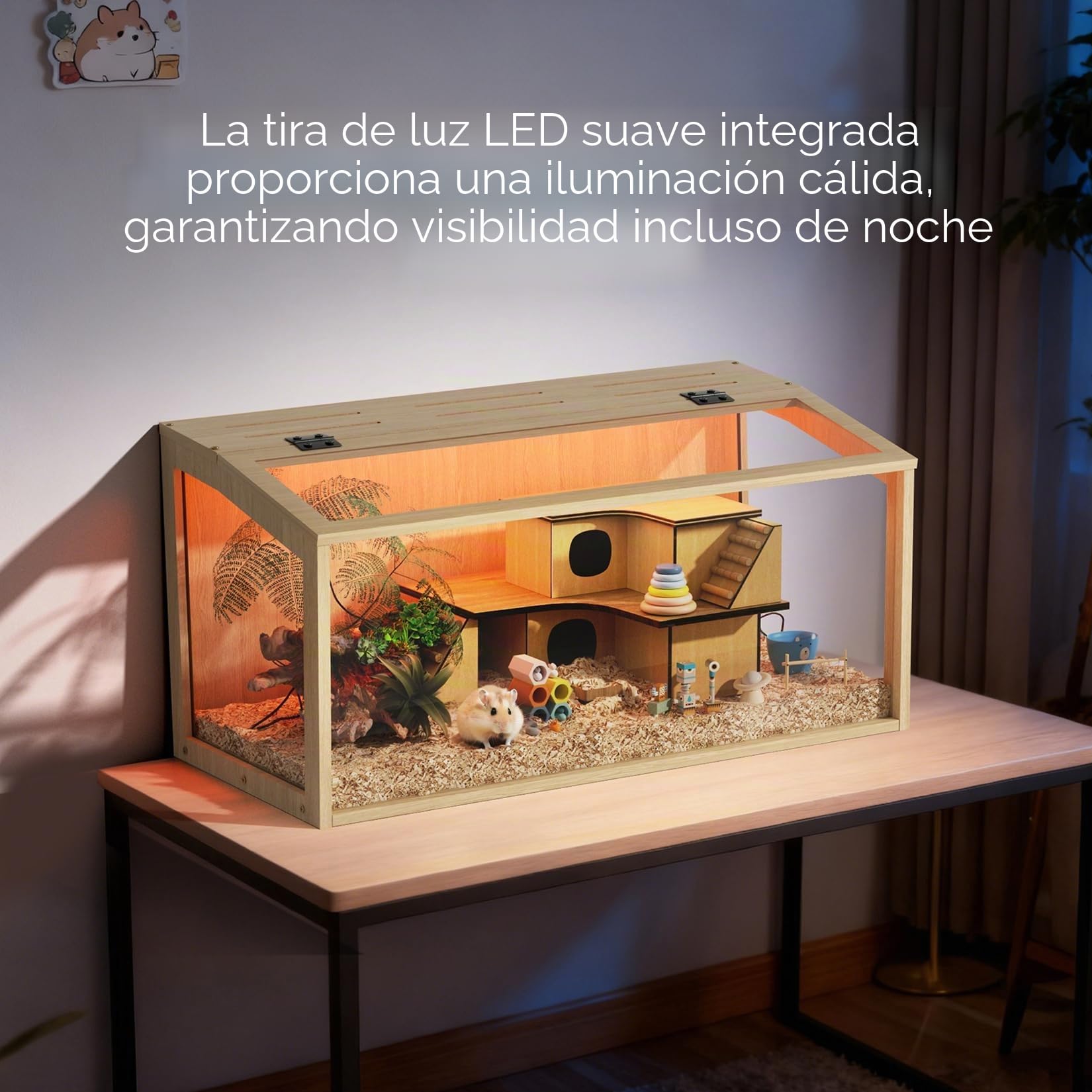 BingoPaw Jaula para Hámster, 80x40x40cm Jaula Hamster Madera con Luces LED Integradas y Paredes de Vidrio Templado para Hámsters Enanos Jerbos y Animales Pequeños