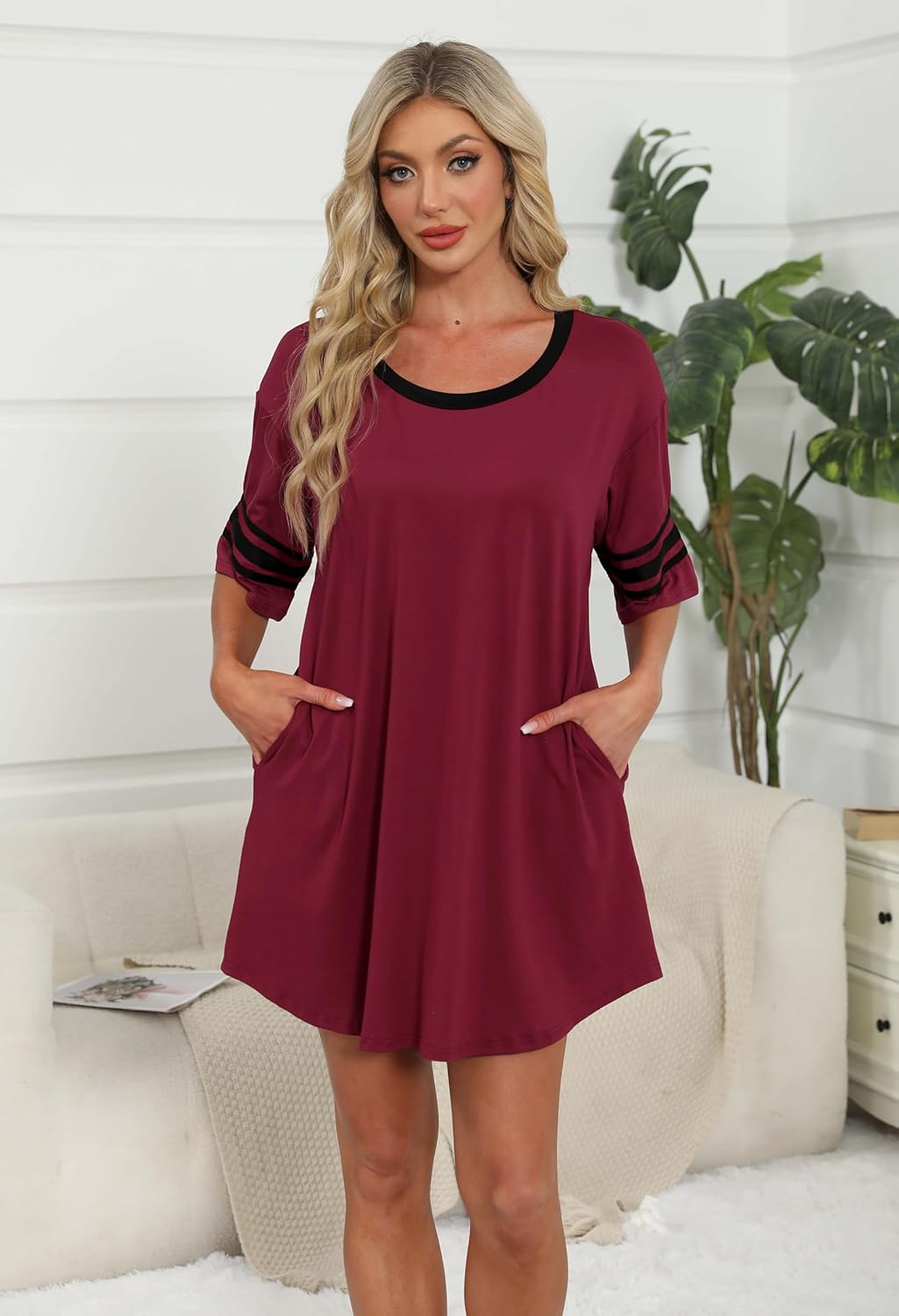Womens Nightgown Soft Comfy Sleepshirts Short Sleeve Nightshirt Crew Neck Sleepwear Casual Pajama Dress - Image 2