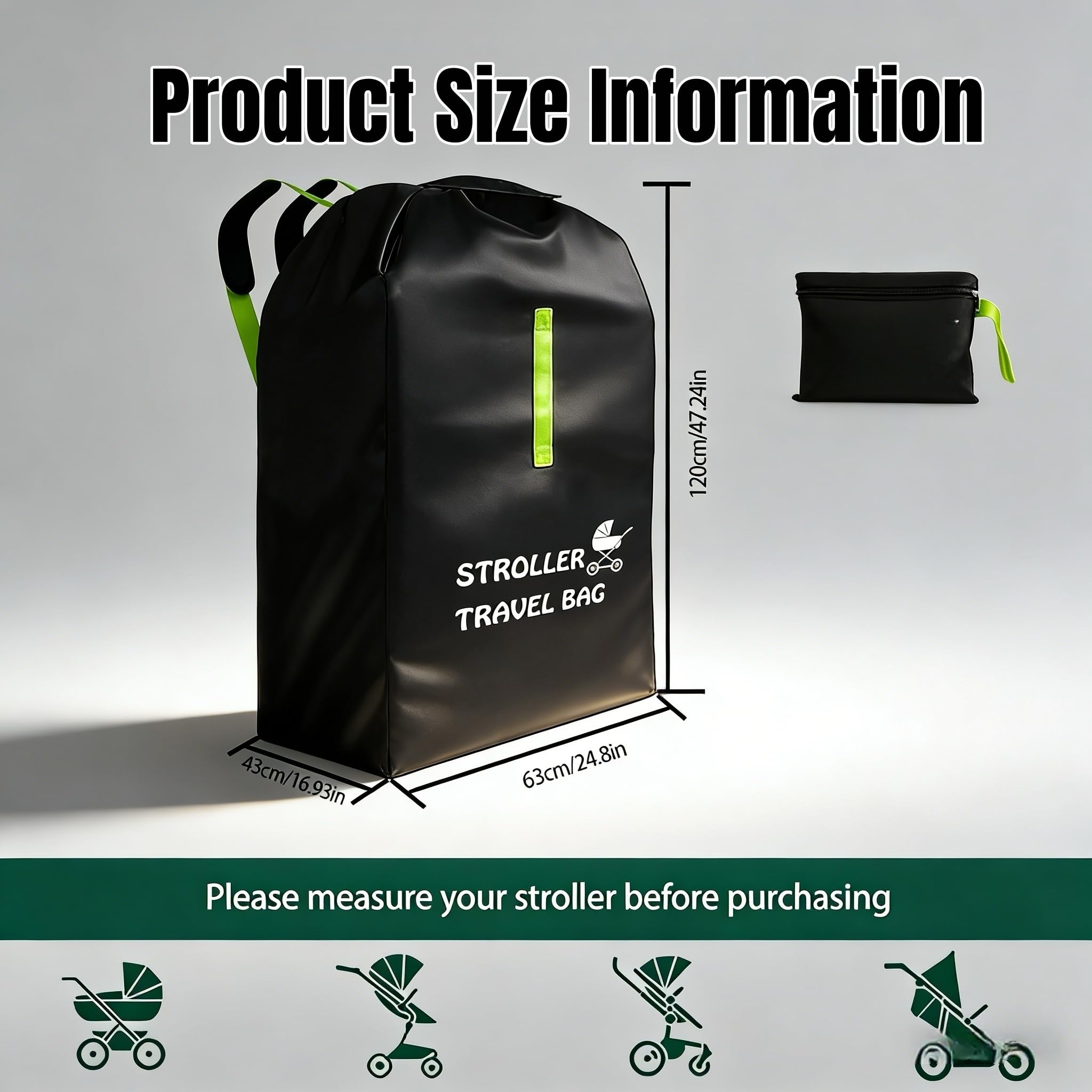 Borsa per il trasporto passeggino, aereo, 120 x 63 x 43 cm, impermeabile Oxford, multifunzionale, per viaggi in aereo e tutti i giorni, con cinghie imbottite (nero)