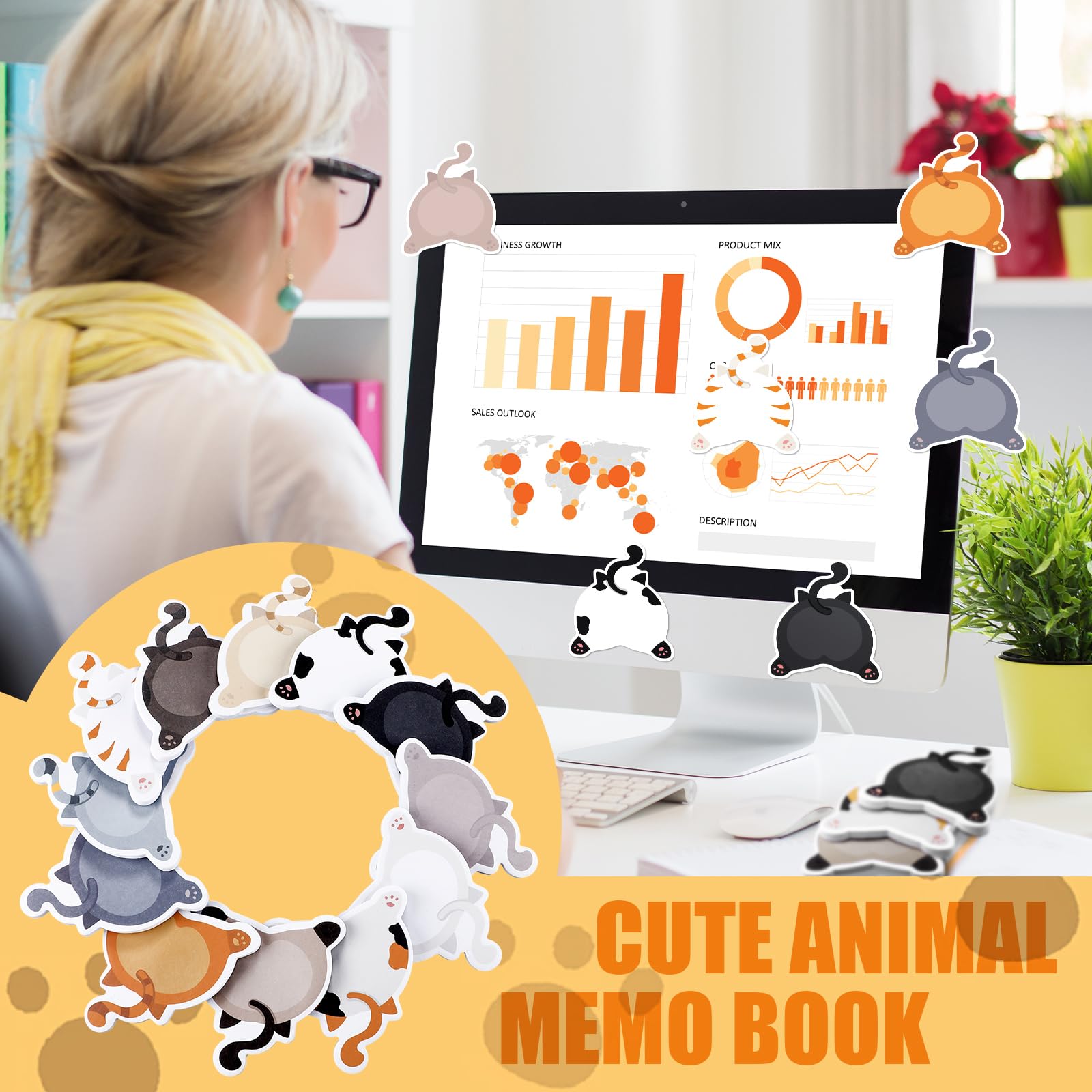 Yinder Niedliche Haftnotizen, Kawaii, lustige Tier-Haftnotizen, Großpackung, Cartoon-Notizblöcke, selbstklebend, für Tierärztliches Geschenk, Büro, Schule, Tier-Partyzubehör (frische Katze), 24 Stück