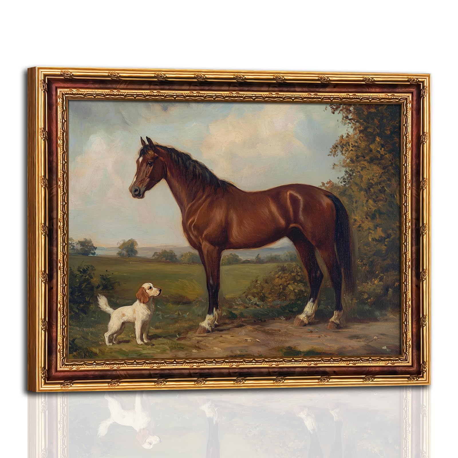 Photo 1 of Vintage Horse and Dog Wall Art with Gold Antique Frame, Classic Western Farmhouse Painting Print, Rustic Country Home Decor Picture Wall Art 12×16 Inch