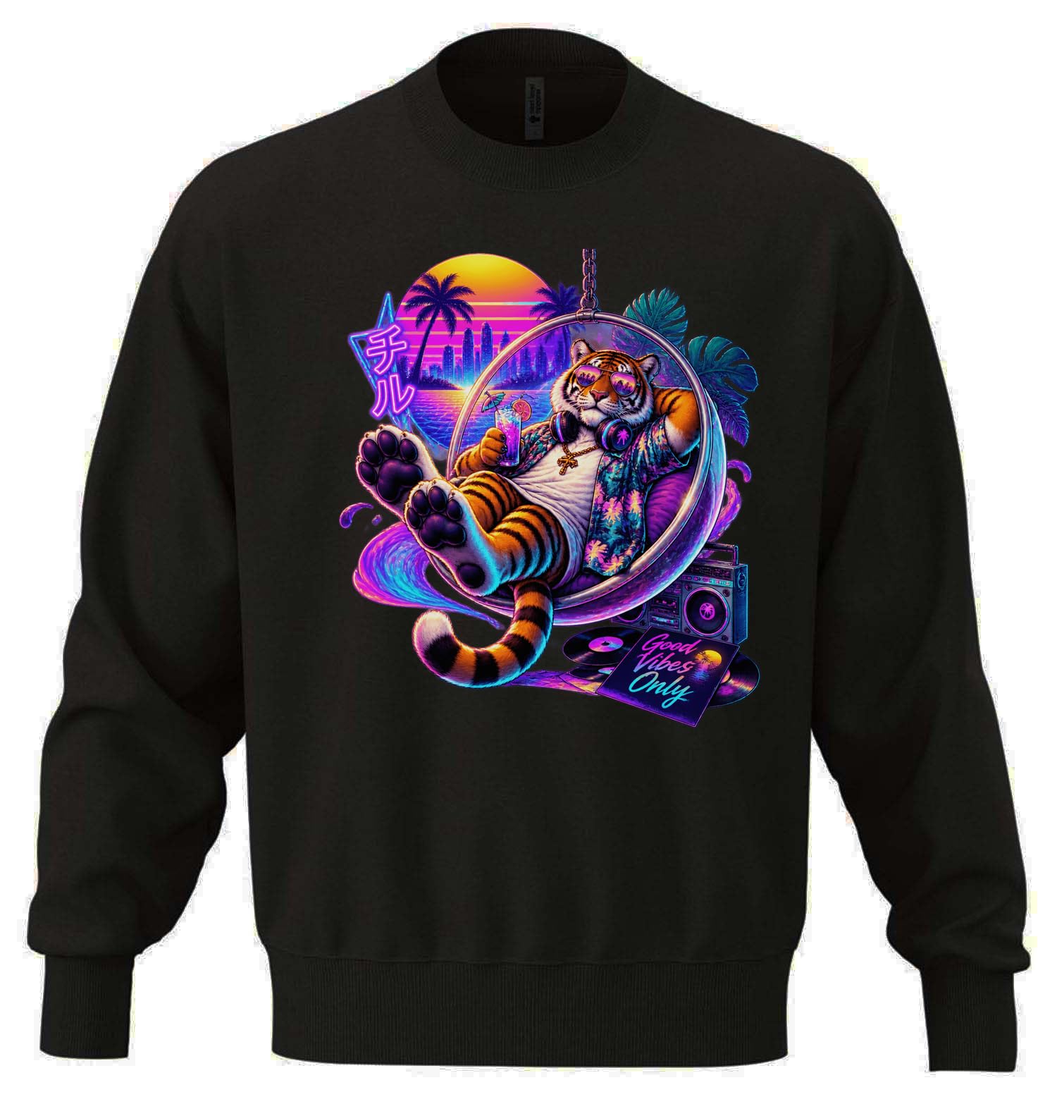 Relaxed Tiger Enjoying Retro Sunset Vibes Unisex Oversize Mieszanka Bawełny Ciężka Bluza Czarna