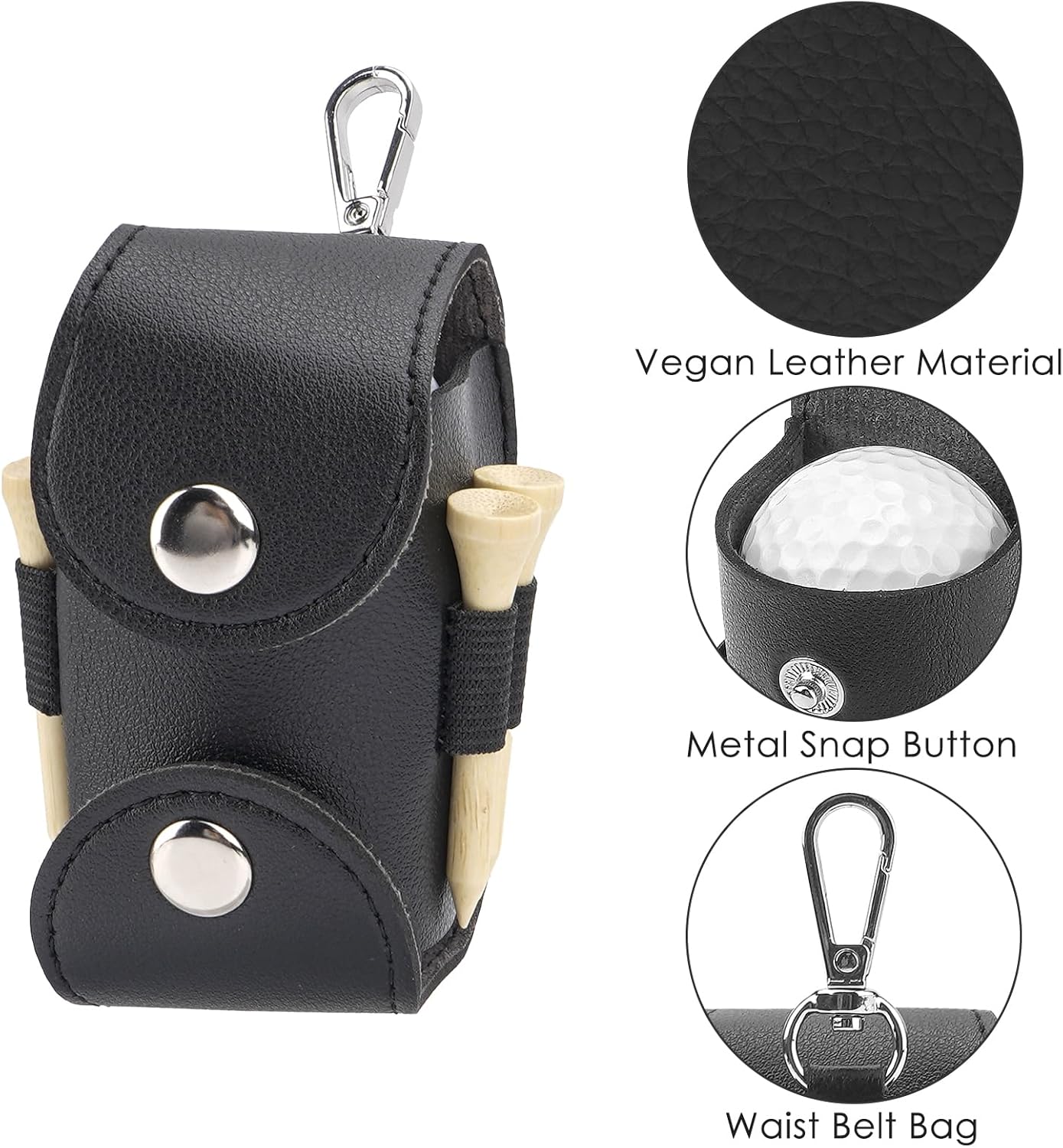 Vegan Leather Golf Ball Waist Bag, Portable Small Golf Ball Storage Bag with Keychain, Golf Ball Pouch Tee Holder for Men Women (Black)