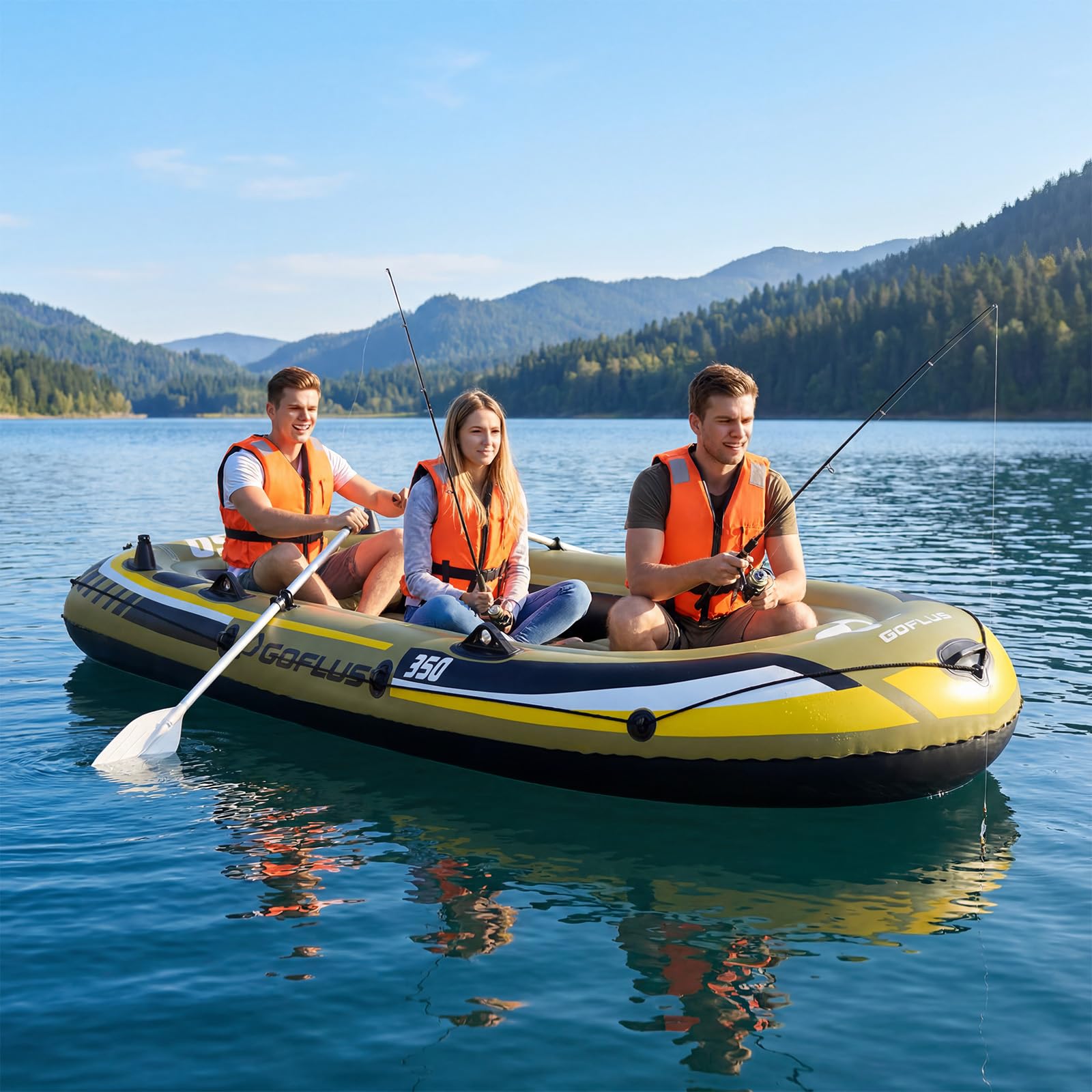 COSTWAY Schlauchboot für 3 Personen, aufblasbares Boot mit 2 Paddeln, Handpumpe, Fischmaßbändern & Angelrutenhaltern, 305 x 136 x 42 cm