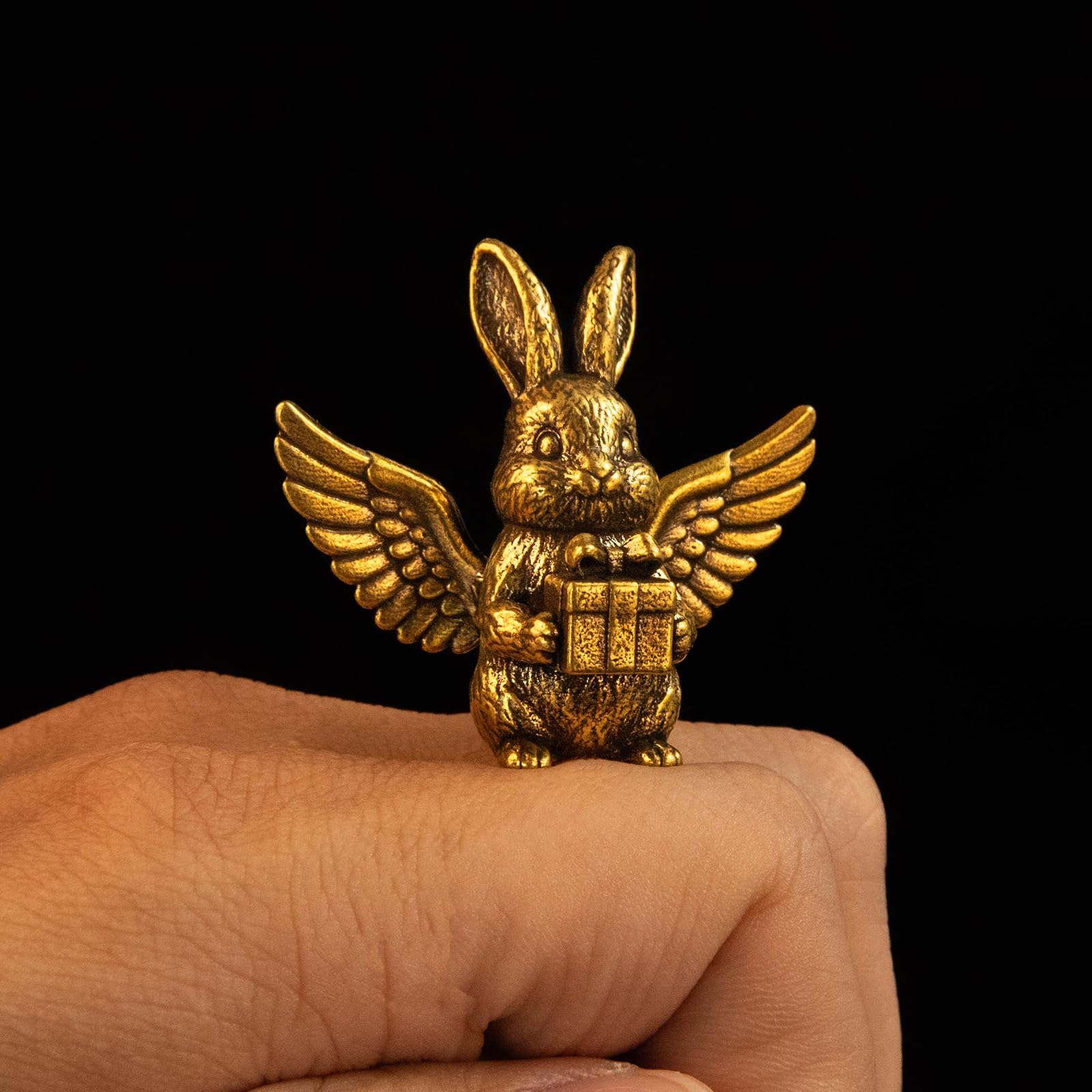 Solid Brass, Retro Angel Bunny Desk Decor Set, Gift Bunny Figurines, Vintage Collectible Animal Sculpture, Aesthetic Home Decoration, Meaningful Gift for Her & Friends