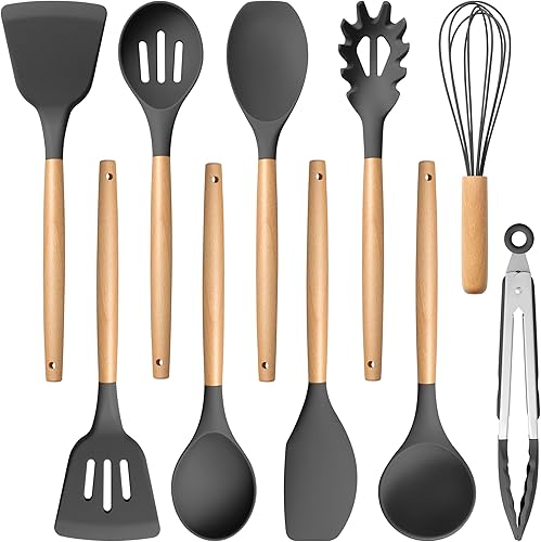 E-far Juego de utensilios de cocina de silicona gris, juego de utensilios de cocina de 10 piezas con mango de madera para utensilios de cocina