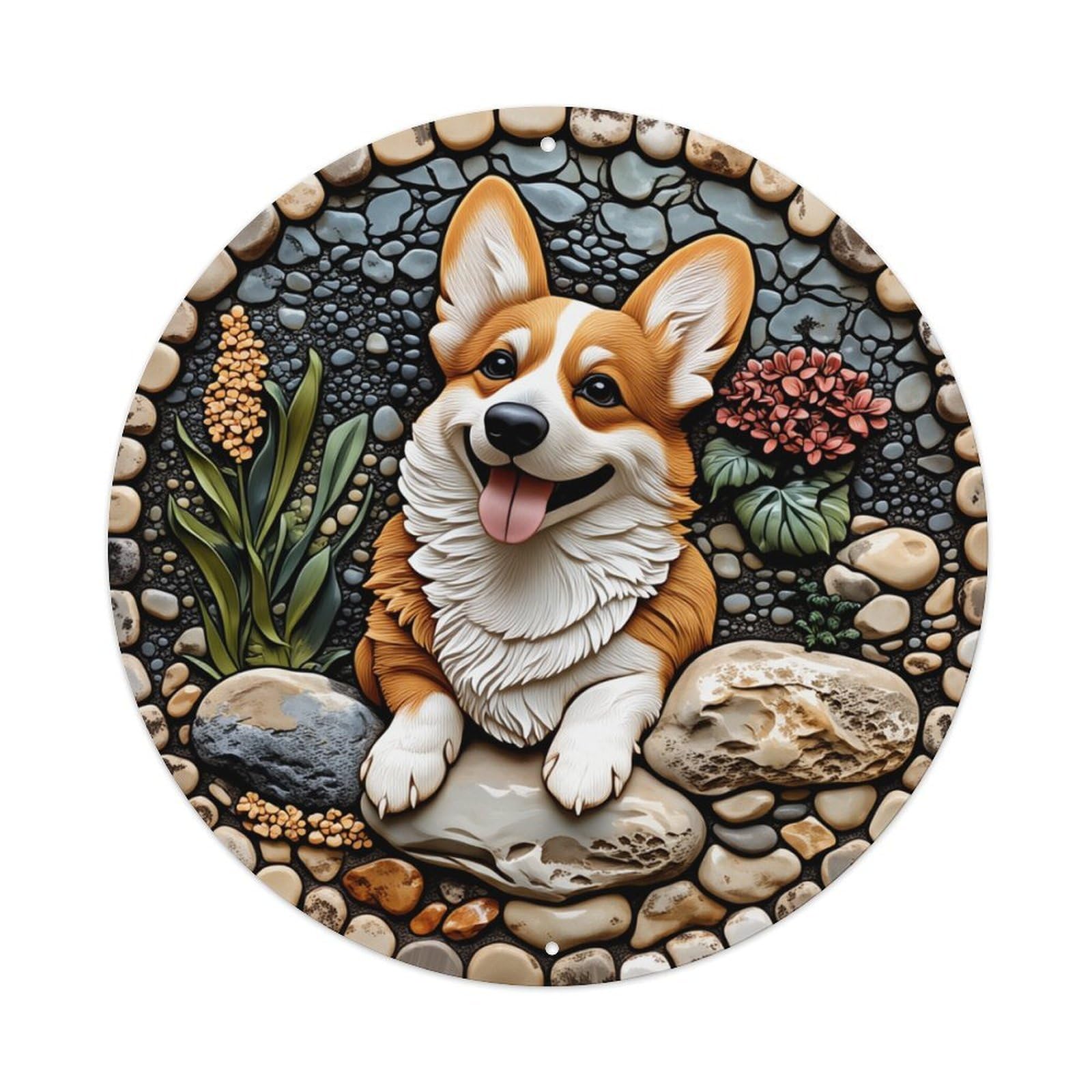 Corgi Dog Stone Garden Art Round Tin Sign Retro Metal Sign for Cafe Bar Pub Home Game Room Gym Club Wall Decoration Vintage Metal Poster 8x8 Inch