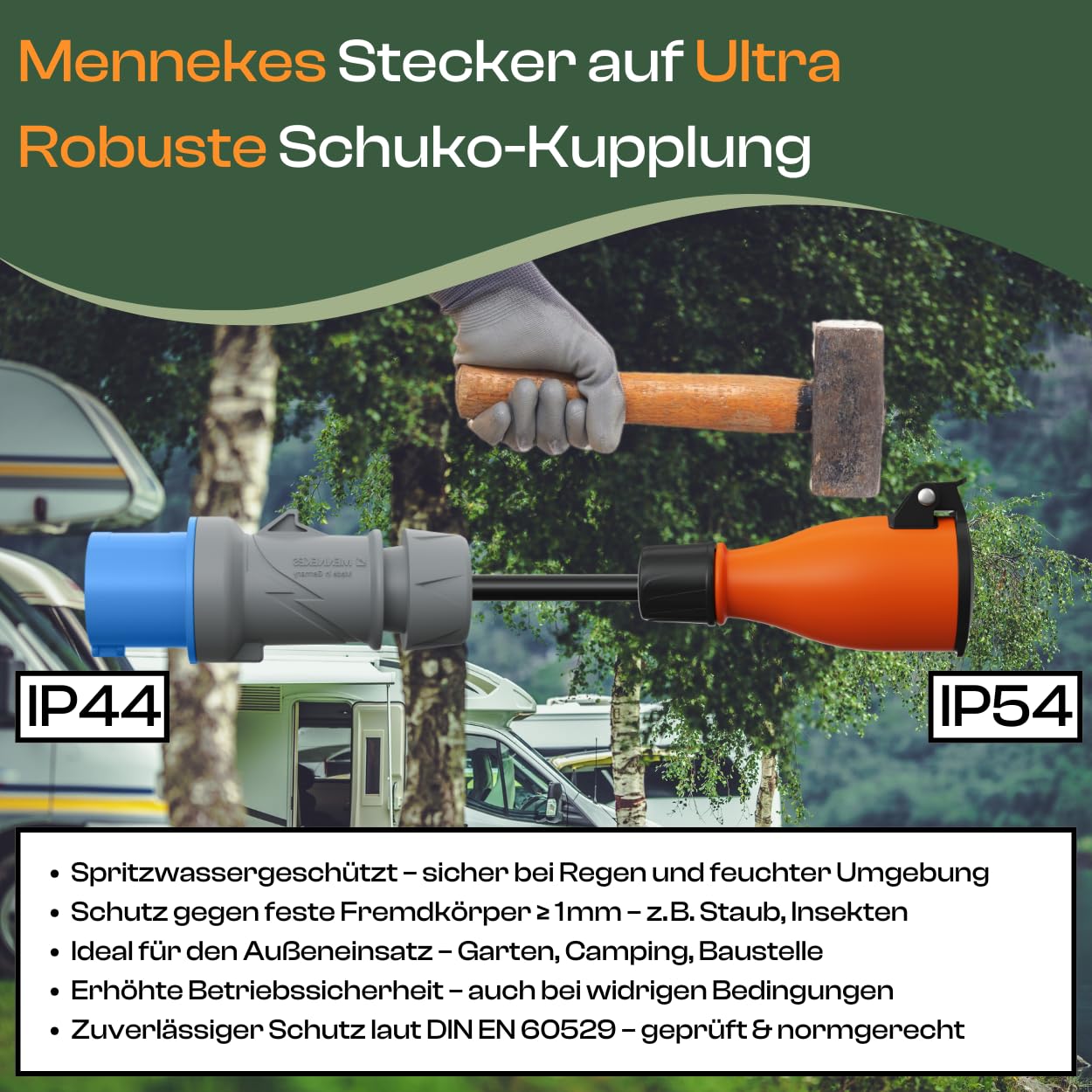 CEE auf Schuko Adapter 20m Camping Stromkabel H07RN-F 3x2,5 Landstromkabel Wohnmobil Wohnwagen Kabel Camping Adapter 20 Meter Strom Verlängerungskabel CEE-Stecker Campingstecker