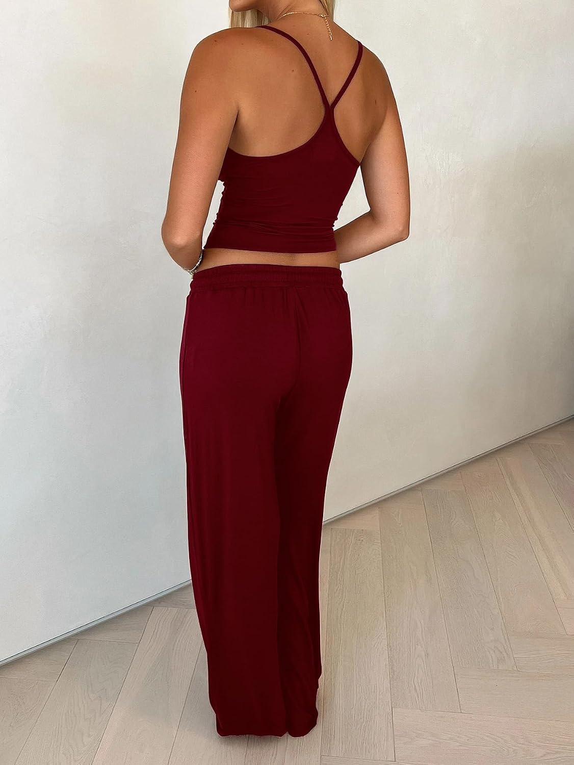 Women's Yoga Sports Sets Spaghetti Strap Tank Top with Wide Leg Drawstring Pants Casual Outfits Two Pieces