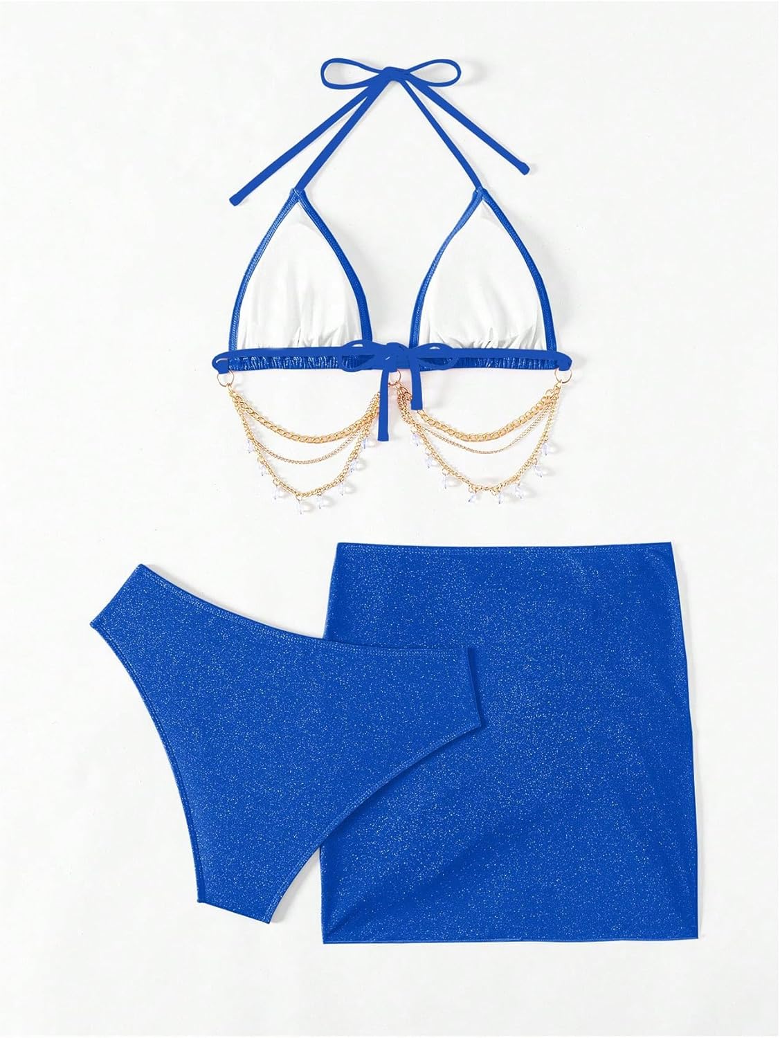 COZYEASE Women's 3 Piece Bikini Set Backless Halter Neck Triangle Chain Swimsuit Set with Beach Skirt - Image 4