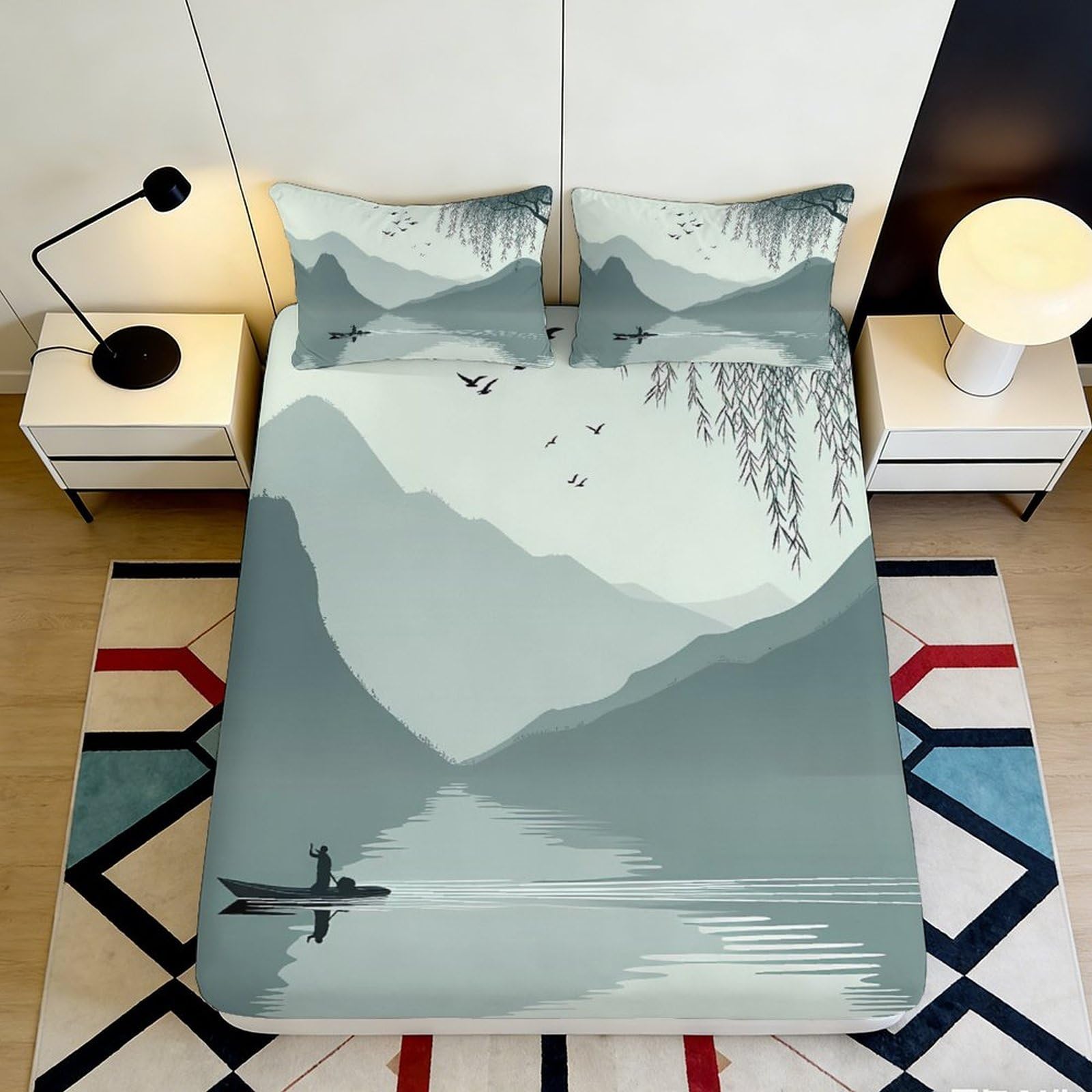 Pnayamiorkfel Style-10 3D Printed Misty Mountain Lake Fitted Sheet Microfiber Soft Anti-Slip Willow Landscape Mattress Cover Bedroom Decor 90X200x25cm