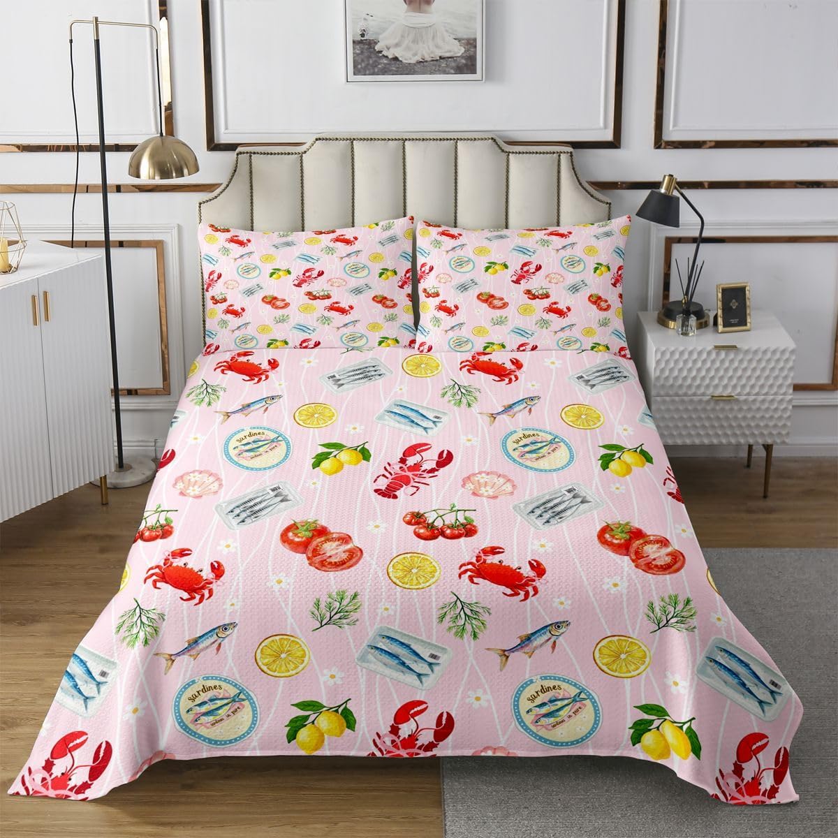 Castle Fairy Tropical Ocean Bedspread Twin Size,Crab Shrimp Fish Bedding Sets 2Pcs for Kids Girls Boys Room Decor,Lemon Flower Tomato Comforter Set Summer Sea Food Quilt Coverlet,1 Pillowcase