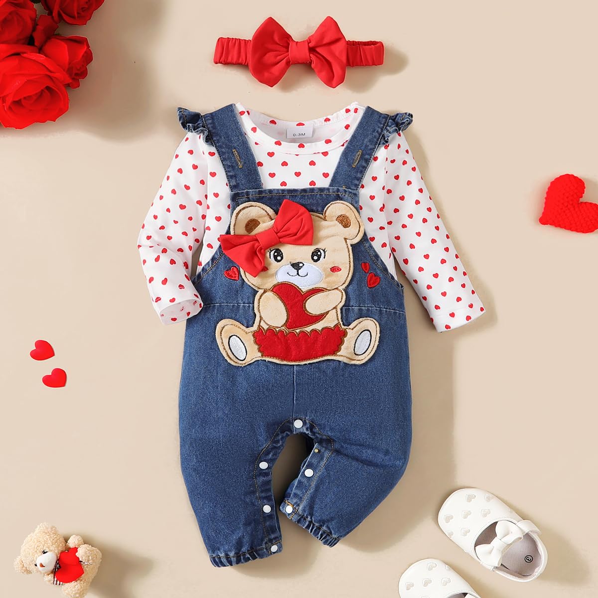 Abbigliamento per Neonata Set Body con Stampa Carina a Cuori/Pois+ Regolabile Orso/Elefante Salopette Pantaloni Autunno Inverno Tuta Vestiti Set