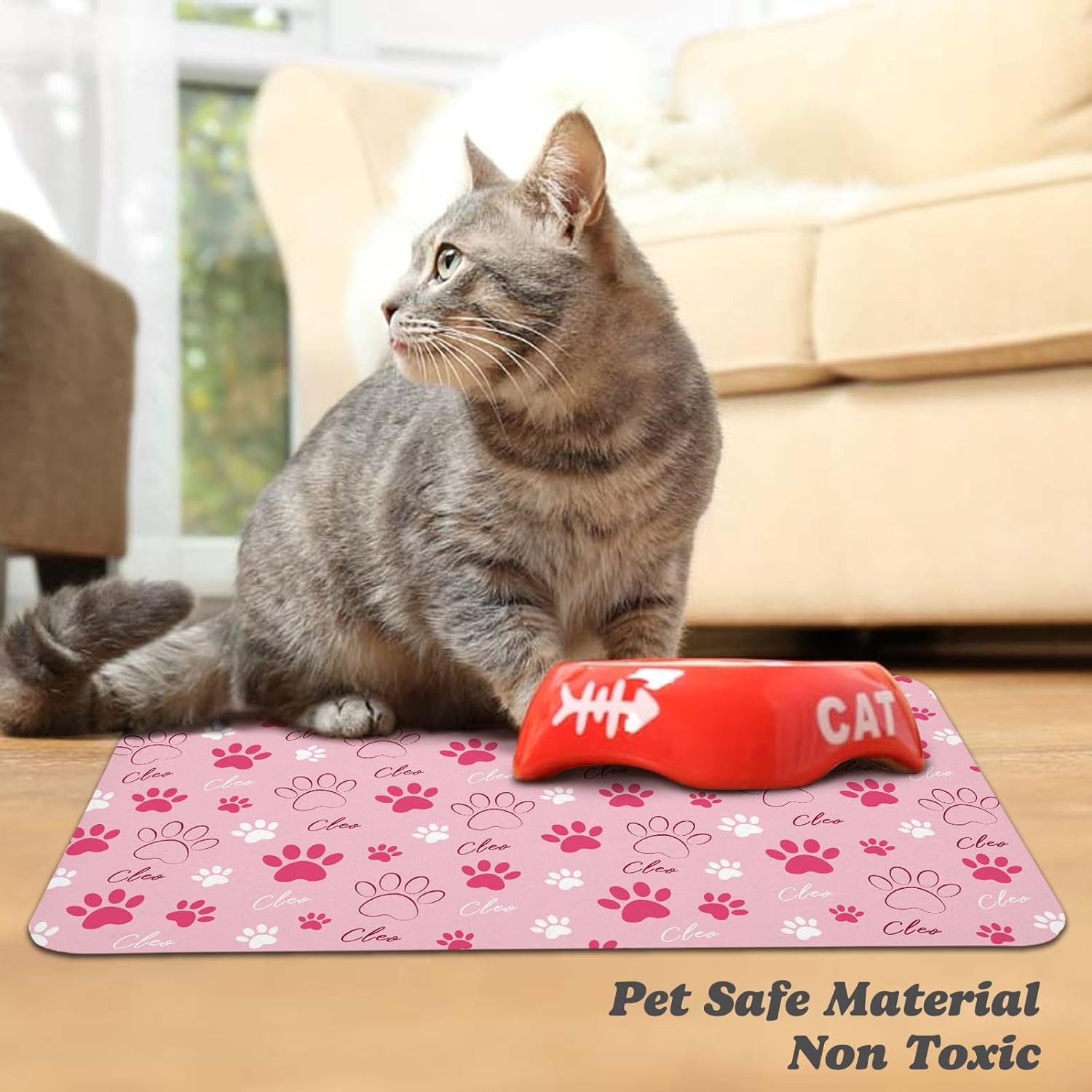 Personalized Dog Food Mat, Non Slip Personalized Cat Mats for Food and Water Customize Pet Feeding mats 24 * 32 Inch Pink