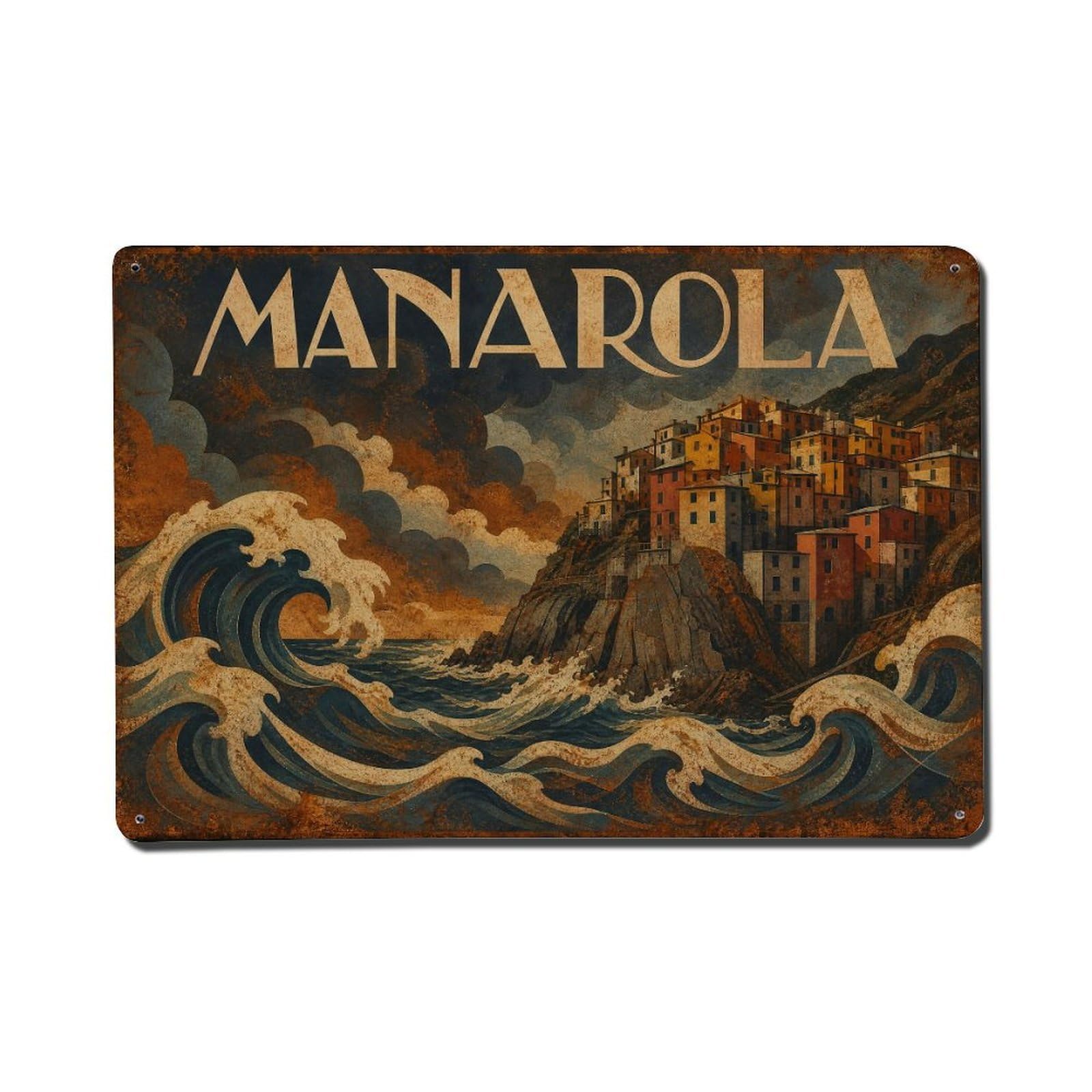 Vintage Travel Manarola Storm Waves Dramatic Sea Italy Metal Tin Sign