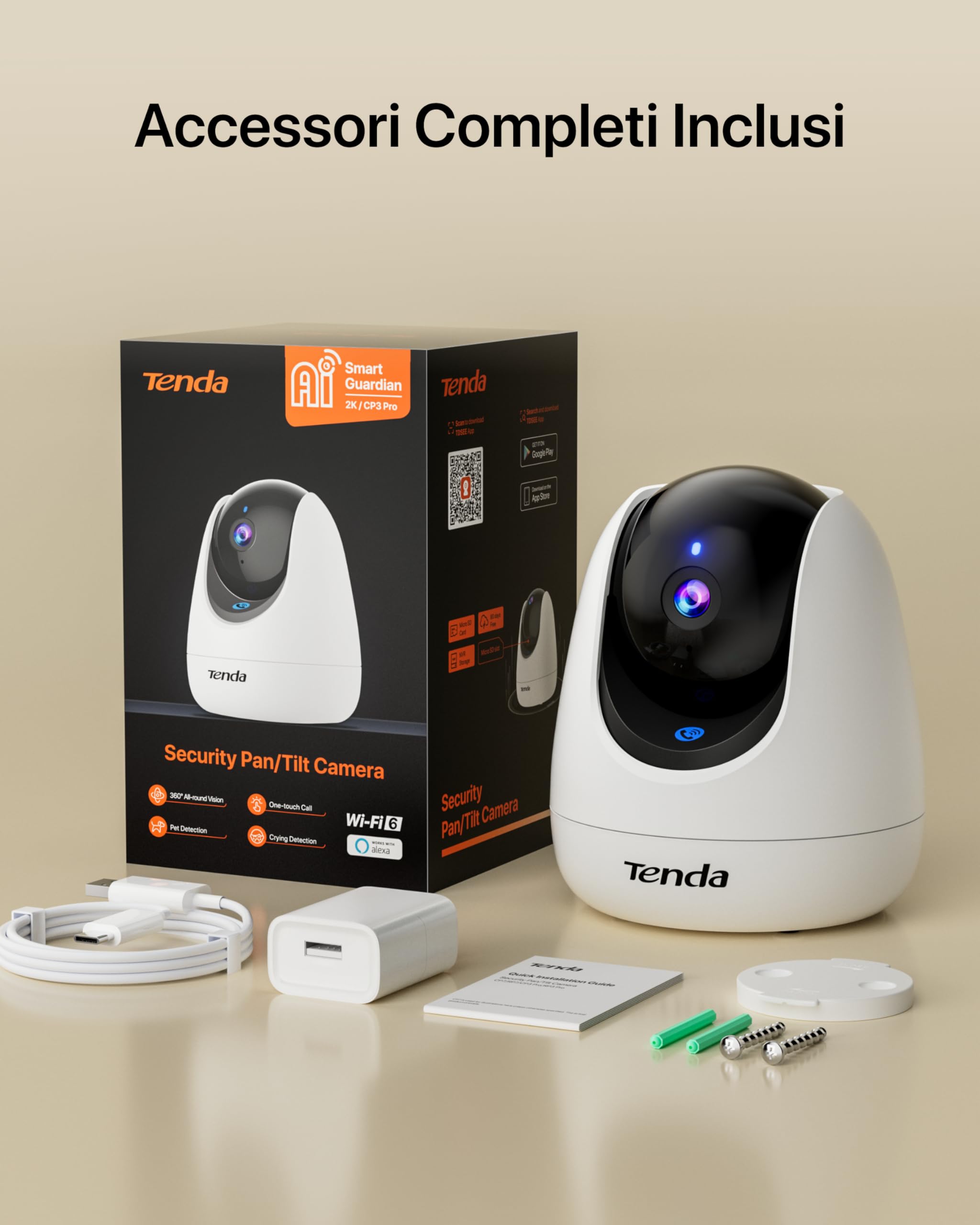 Tenda CP3 Pro Telecamera Wi-Fi Interno, 360° 2K Videocamera di Sorveglianza, Webcam di Sicurezza per Bambini/Anziani/Cani, Visione Notturna, Chiamata con un Tocco, Audio Bidirezionale, Wi-Fi 6