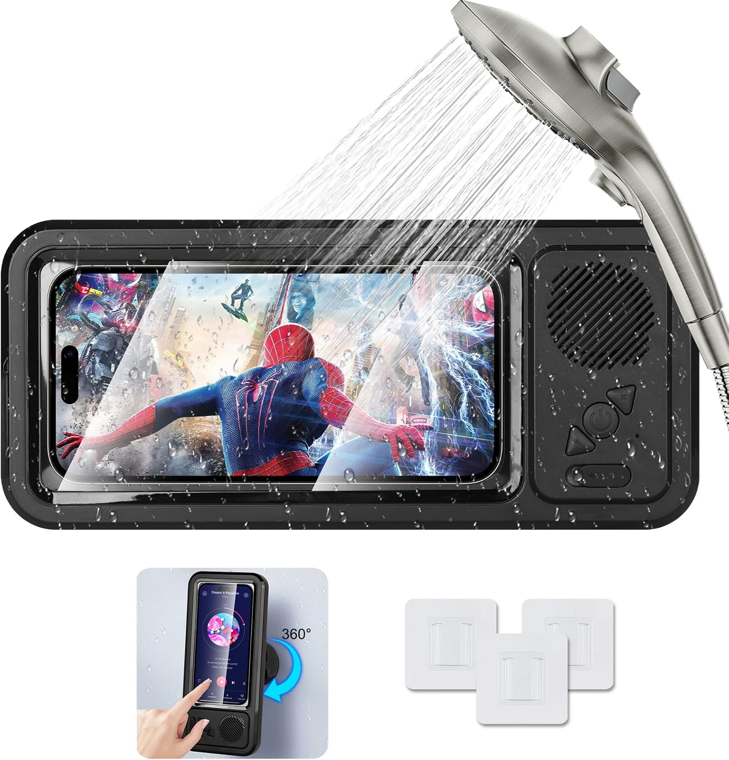Shower Phone Holder Waterproof with Bluetooth Speaker | 2026 New IPX6 Anti-Fog, 480° Rotatable | Bathroom Case with Speaker Holes | Fits 4-7" Cell Phones & iPhone | Bathroom Wall Mirror