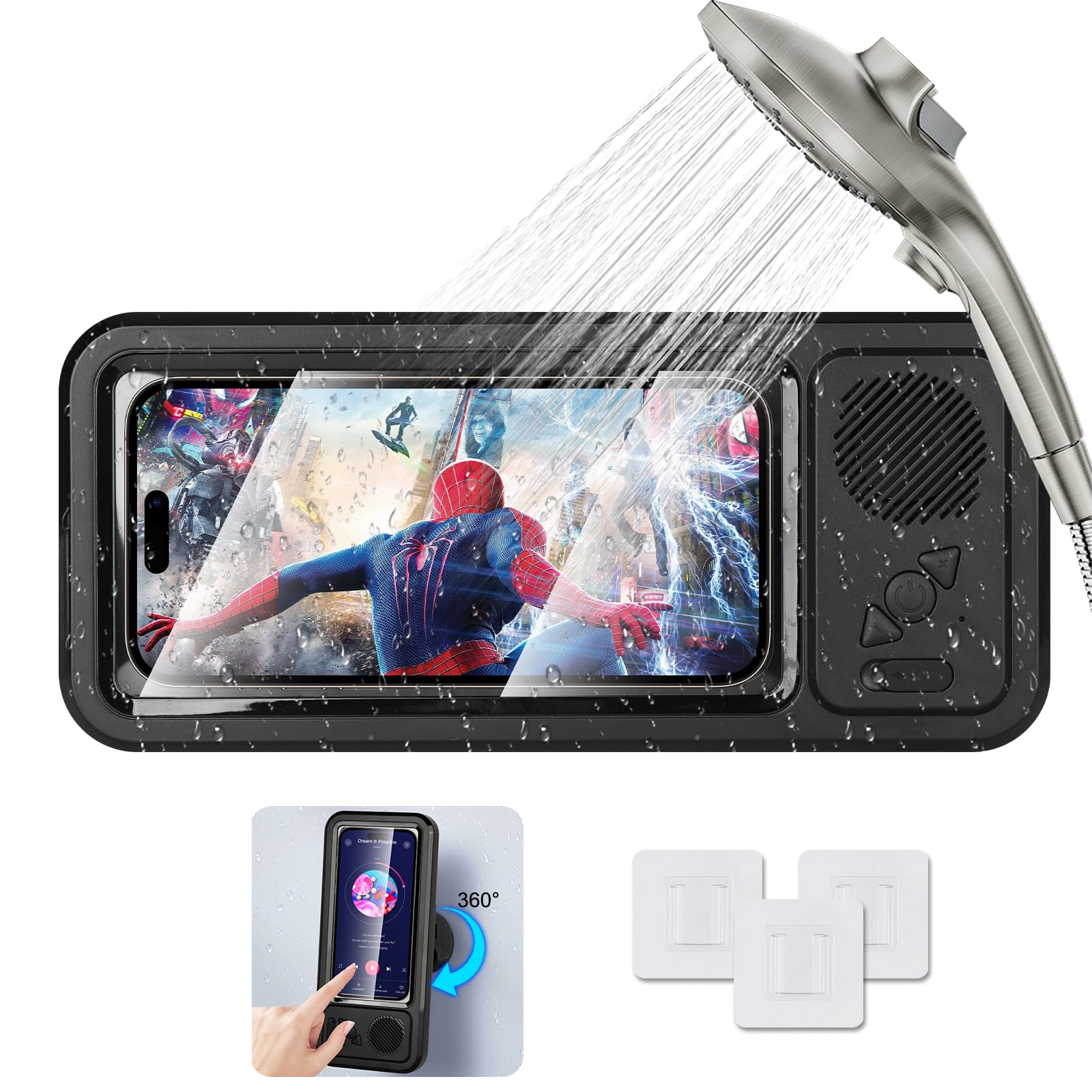 Suzii Wireless Bluetooth Shower Phone Holder Waterproof, Speaker, 360° Rotation, Retractable Adjustable Shower Case Holder for Bathroom Wall, Kitchen,