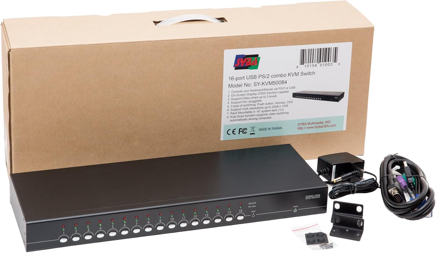 Syba SY-KVM50084 16-Port USB PS/2 Combo KVM Switch, Black