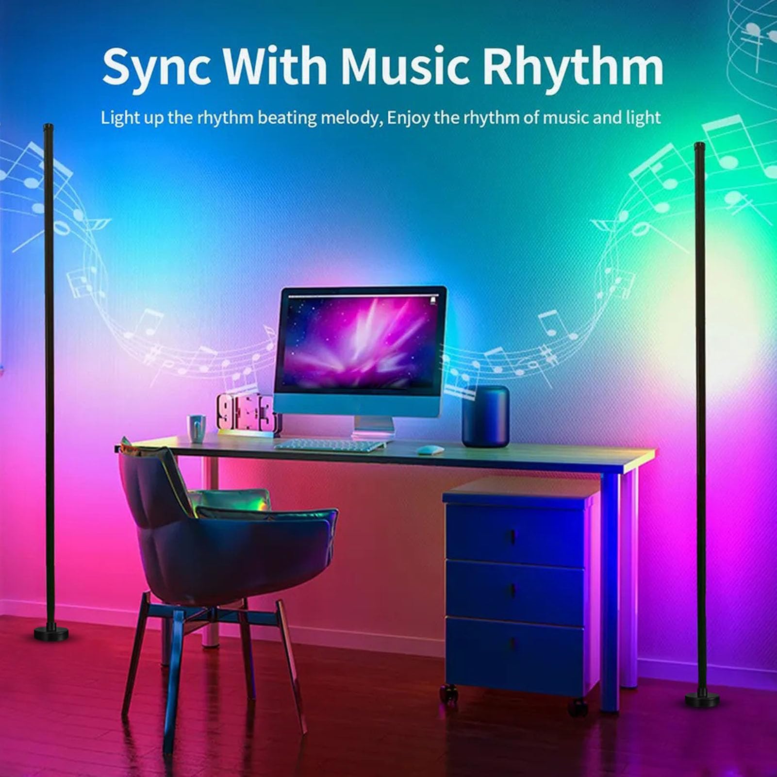 Annadue Lampada da Terra a LED per Angolo, Lampada RGB con Sincronizzazione Musicale, Lampada Moderna Intelligente, Lampada da Terra Colorata per Camera da Letto Soggiorno Ufficio