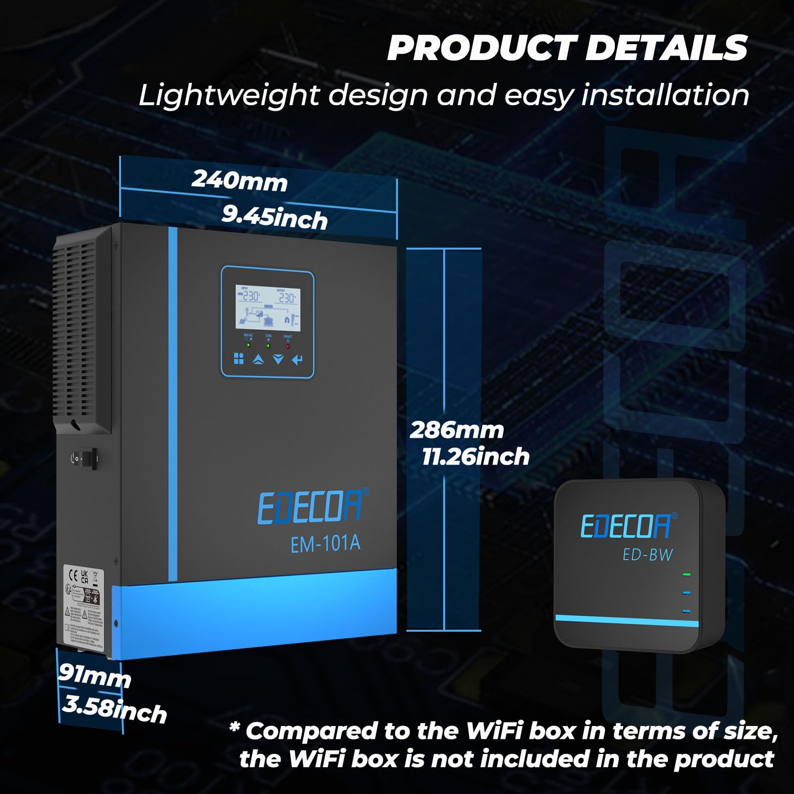 EDECOA Inversor híbrido 12v 1000w 220v 230v 1000VA, Cargador Solar MPPT 40A Onda Pura 20-150Vdc Off-Grid BMS Comunicación Cargador de batería Prioridad de Red Regulador de Carga Solar