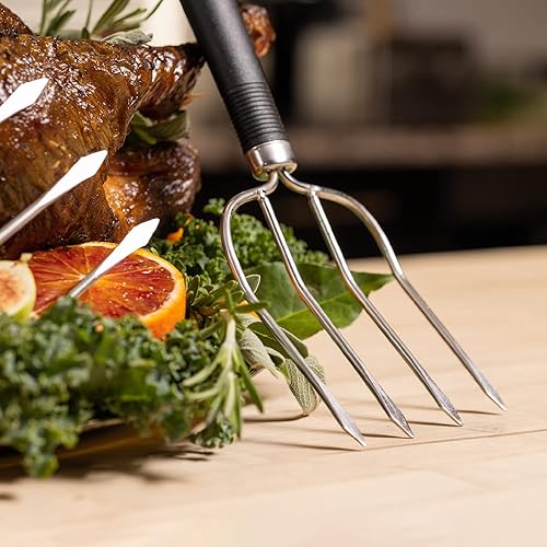 Miniatura 10 de Fire & Flavor Levantador de pavos para un manejo y corte más seguros, tenedores para carne de acero inoxidable de calibre pesado, tenedor abatible
