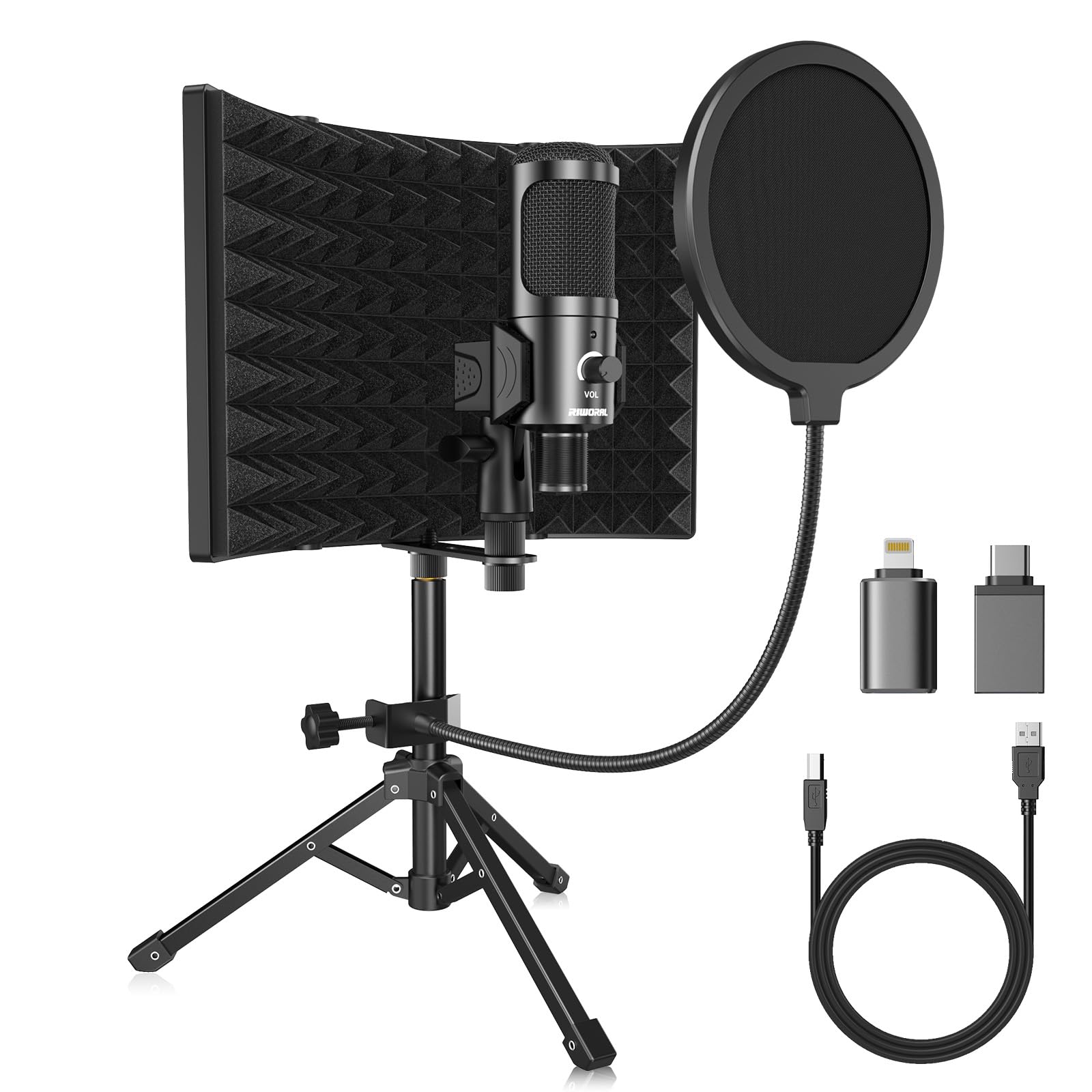 Studio Recording Microphone Isolation Shield with Pop Filter and Metal Tripod Stand USB Condenser Mic to PC Laptop Smartphone, Mic for Recording Singing Podcasting