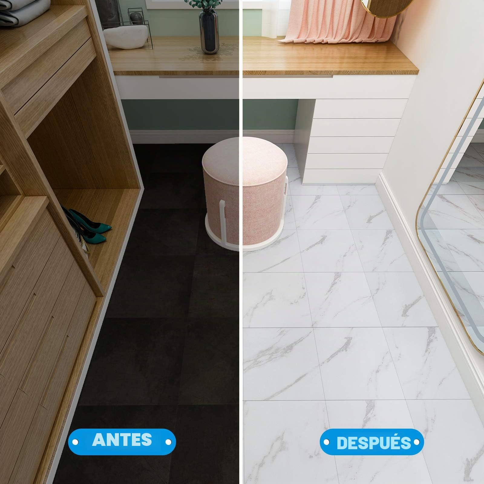 VEELIKE suelo vinilo autoadhesivo patrón de piedra blanca autoadhesivo azulejos adhesivos para suelo impermeable suelo de mármol cocina baño decoración renovación del hogar 30 cm x 30 cm 24 piezas