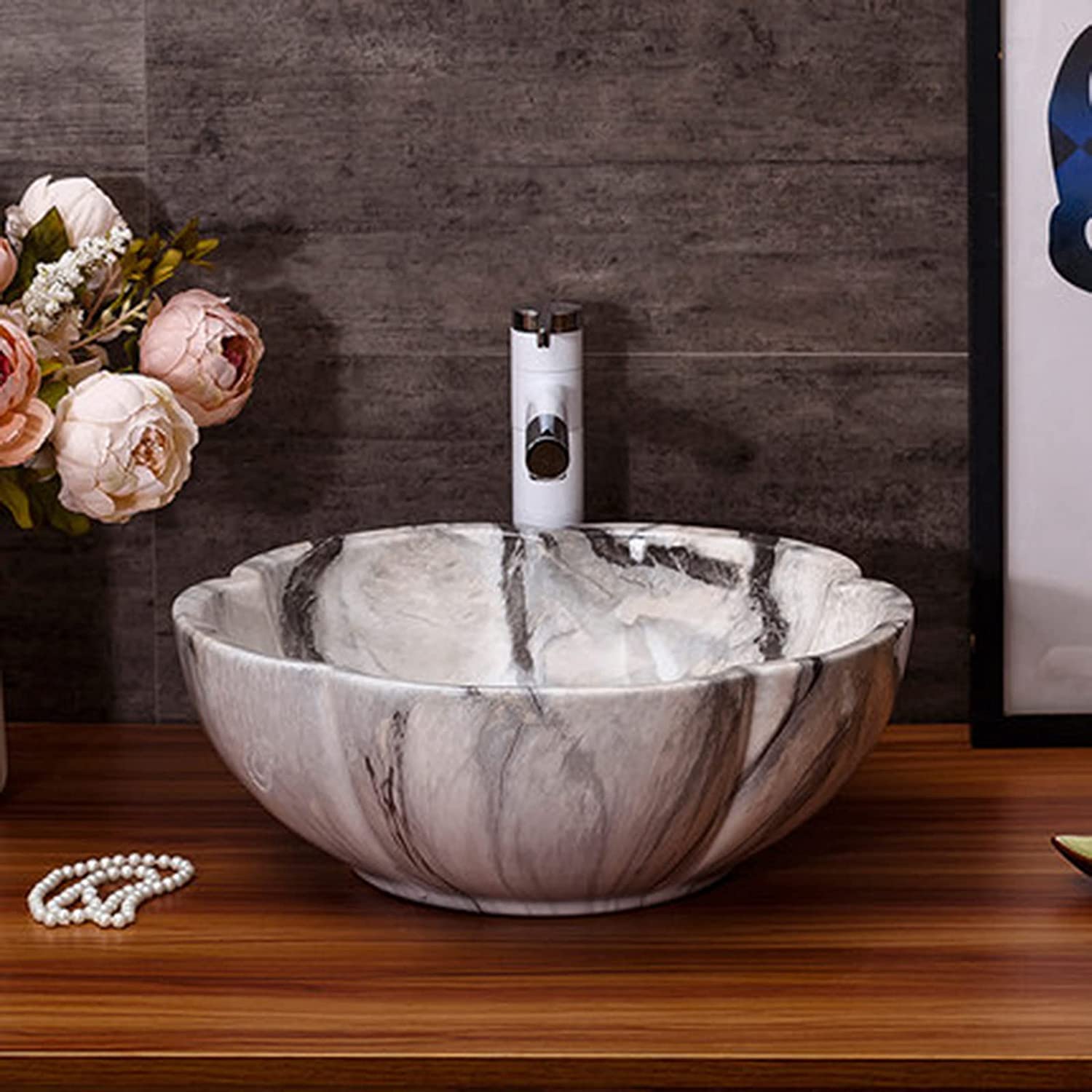 Ceramiczna Umywalka Łazienkowa, Owalna, 41 X 15 Cm, Umywalka Nablatowa, Ceramiczna Umywalka Nablatowa Z Wzorem Marmuru, Umywalka Nablatowa,Only1sink