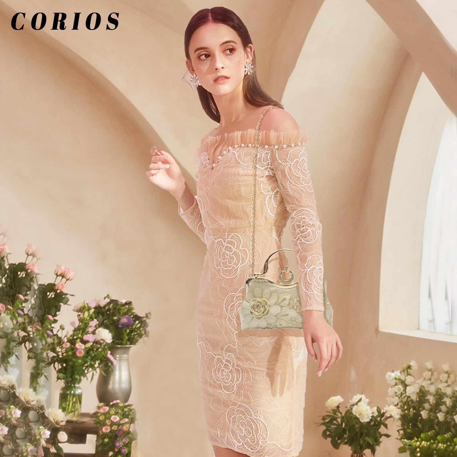 Bolsa de Noche para Mujer Bordado Floral Embrague Bolso de Fiesta Pequeña Bolso de Boda Lujoso Bolsa de Cadena Clutch Elegante Bolso de Hombro Retro Fiesta Banquete Bolsos Bandolera