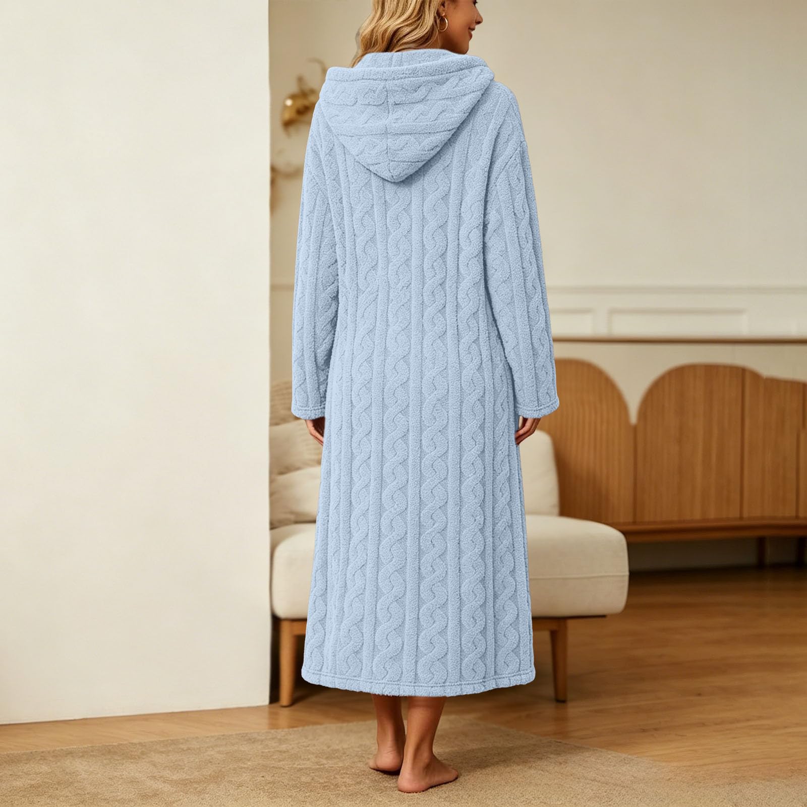 Albornoz con capucha para mujer, para otoño e invierno, cómodo, suave, largo, acogedor, cálido, de forro polar, con bolsillos, manga larga, mullido, de felpa, grueso, a la moda