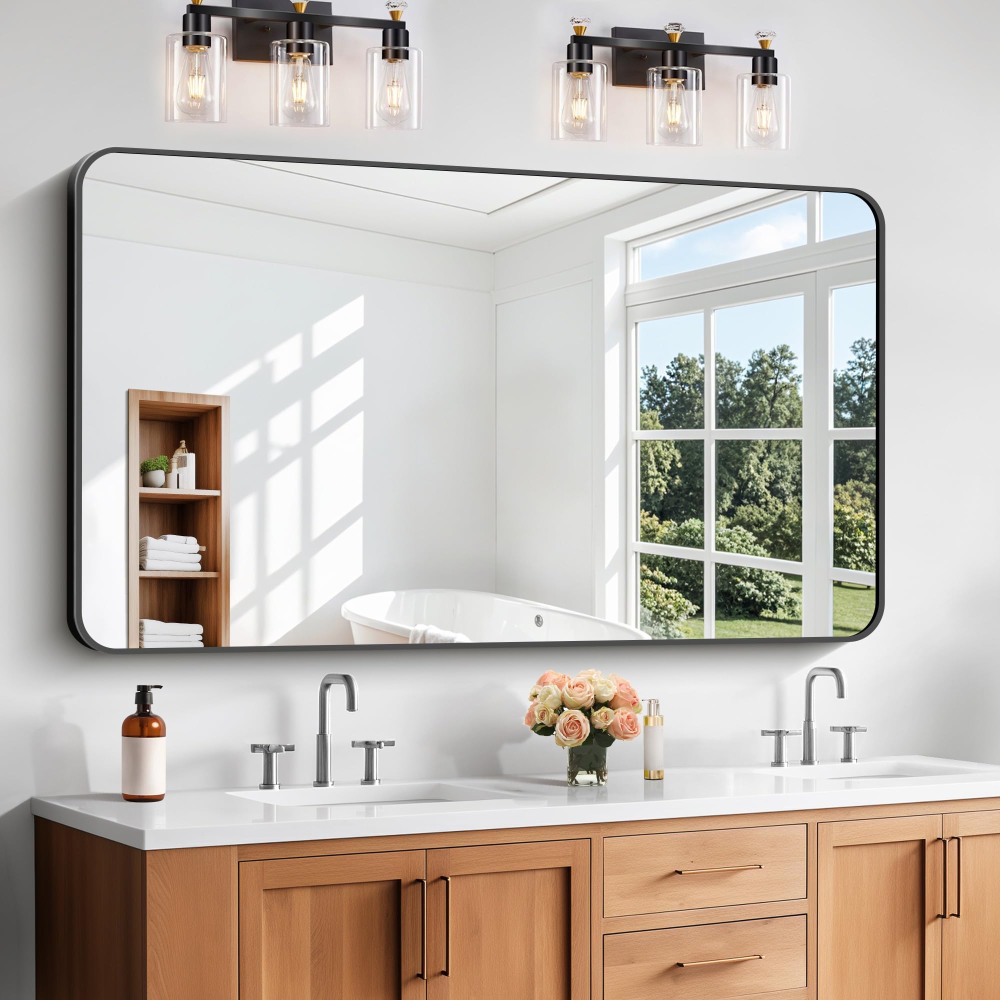 Bathroom Mirror, 30"x55" Black Rectangle Wall Mirror, Metal Frame Rounded Corner Vanity Mirror, Large Wall Mounted Mirror for Modern Bedroom Living Room Horizontal Or Vertical Mounting