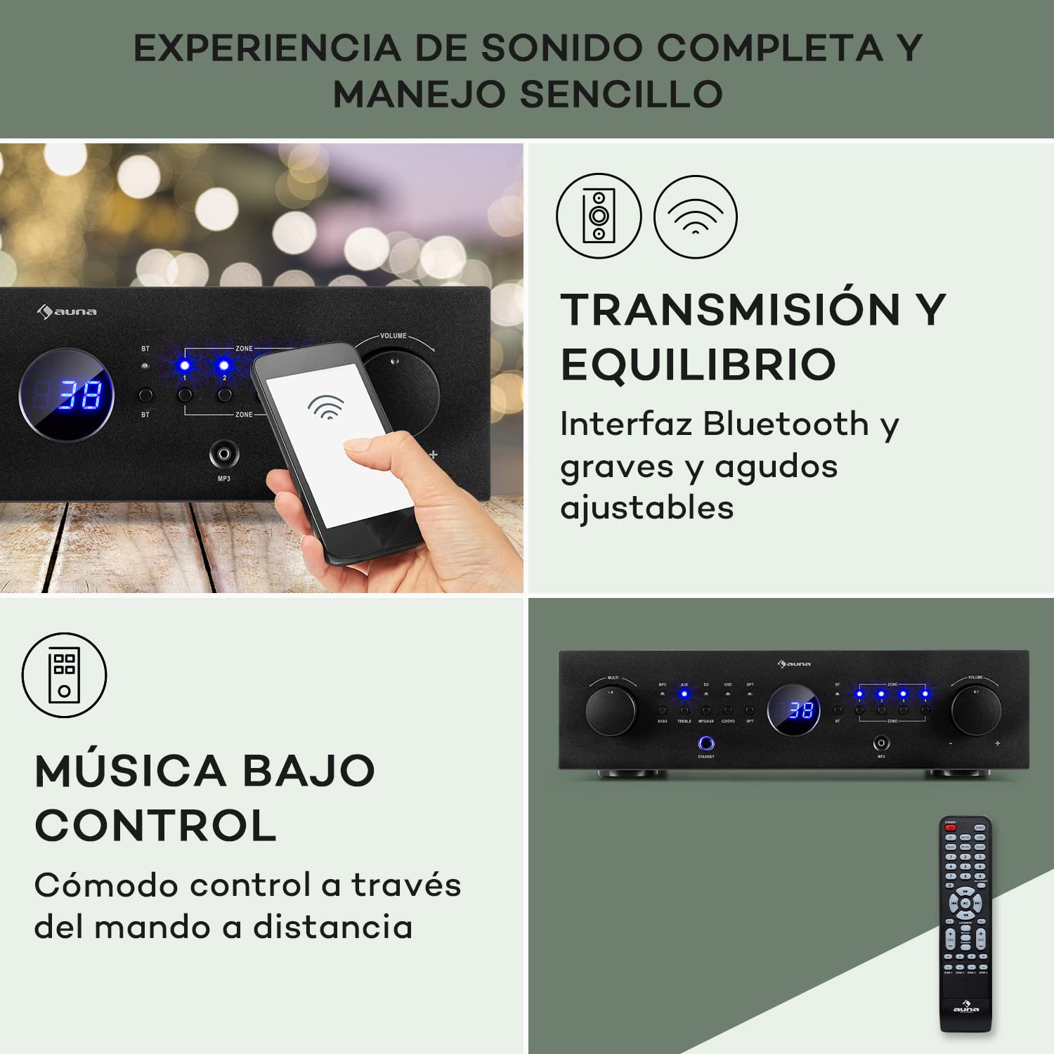 auna AMP-CD950 DG - Amplificador Digital, Multicanal, 4 Salidas estéreo, Potencia Salida 8 x 100 W RMS, Entrada óptica, Bluetooth, AUX, CD/DVD, MP3, Procesador Digital de señales, LED, Negro