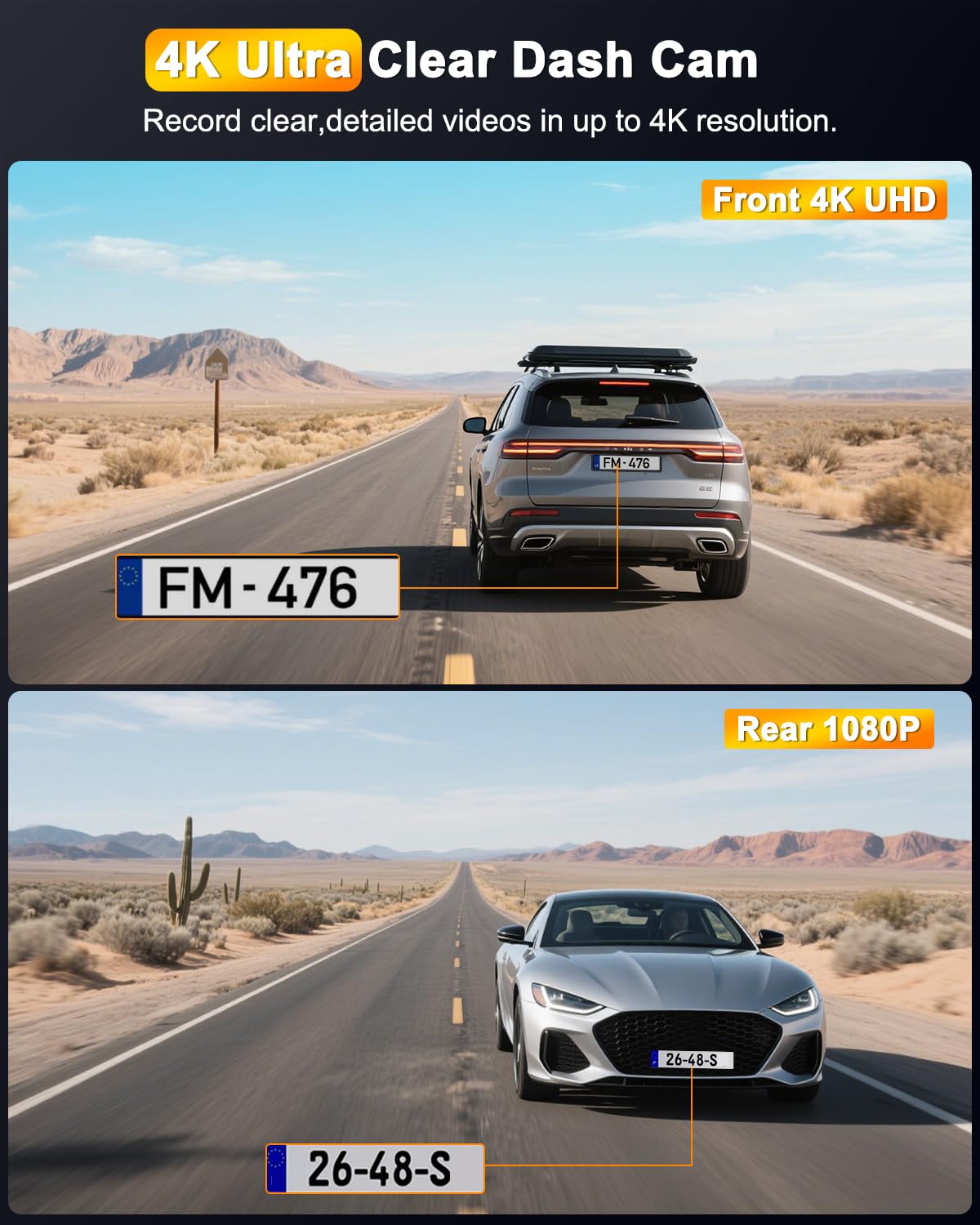 4K Dashcam Auto Fronte Retro,Dash Cam WiFi,Doppia Telecamera Auto Scheda SD 64G, 24H Monitor di Parcheggio, Visione Notturna, WDR, Grandangolo 170°+140°, Sensore G, Controllo App