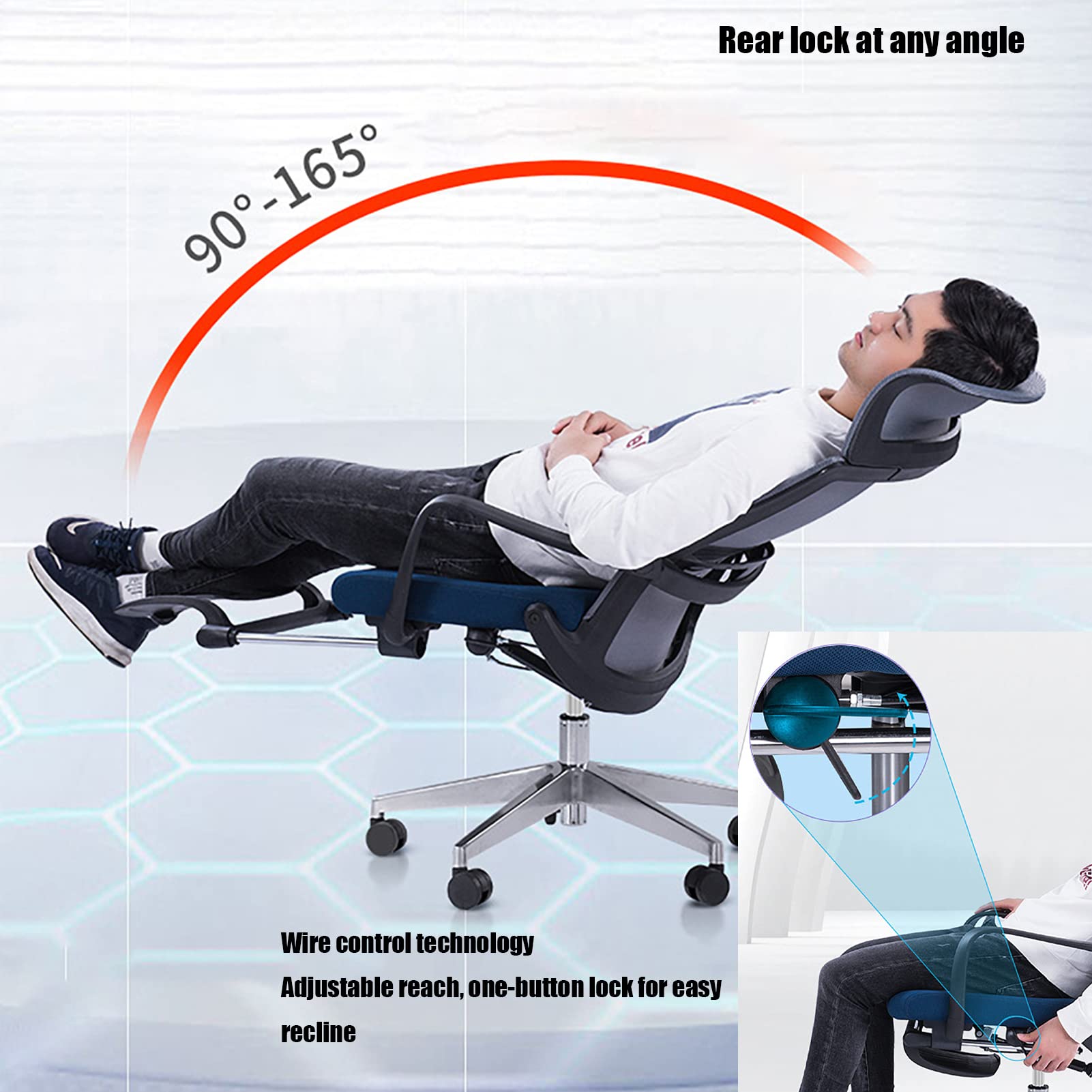 Krzesło biurowe z podnóżkiem, ergonomiczne krzesło biurowe, obrotowe krzesło biurowe z kółkami, podłokietnikiem, zagłówkiem, podparciem odcinka lędźwiowego (Grey Aluminum Alloy Feet)