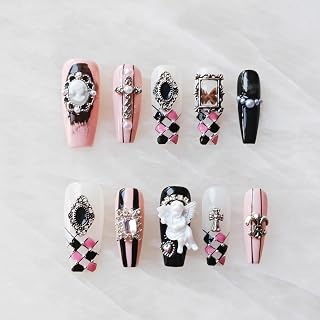 Gothic Press-on Nails, Long Coffin Shape, Pink Black White, 3D Decorative Gems and Charms, Handmade False Nail 10 Pieces (Small,LB)