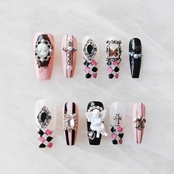 Gothic Press-on Nails, Long Coffin Shape, Pink Black White, 3D Decorative Gems and Charms, Handmade False Nail 10 Pieces Small,LB
