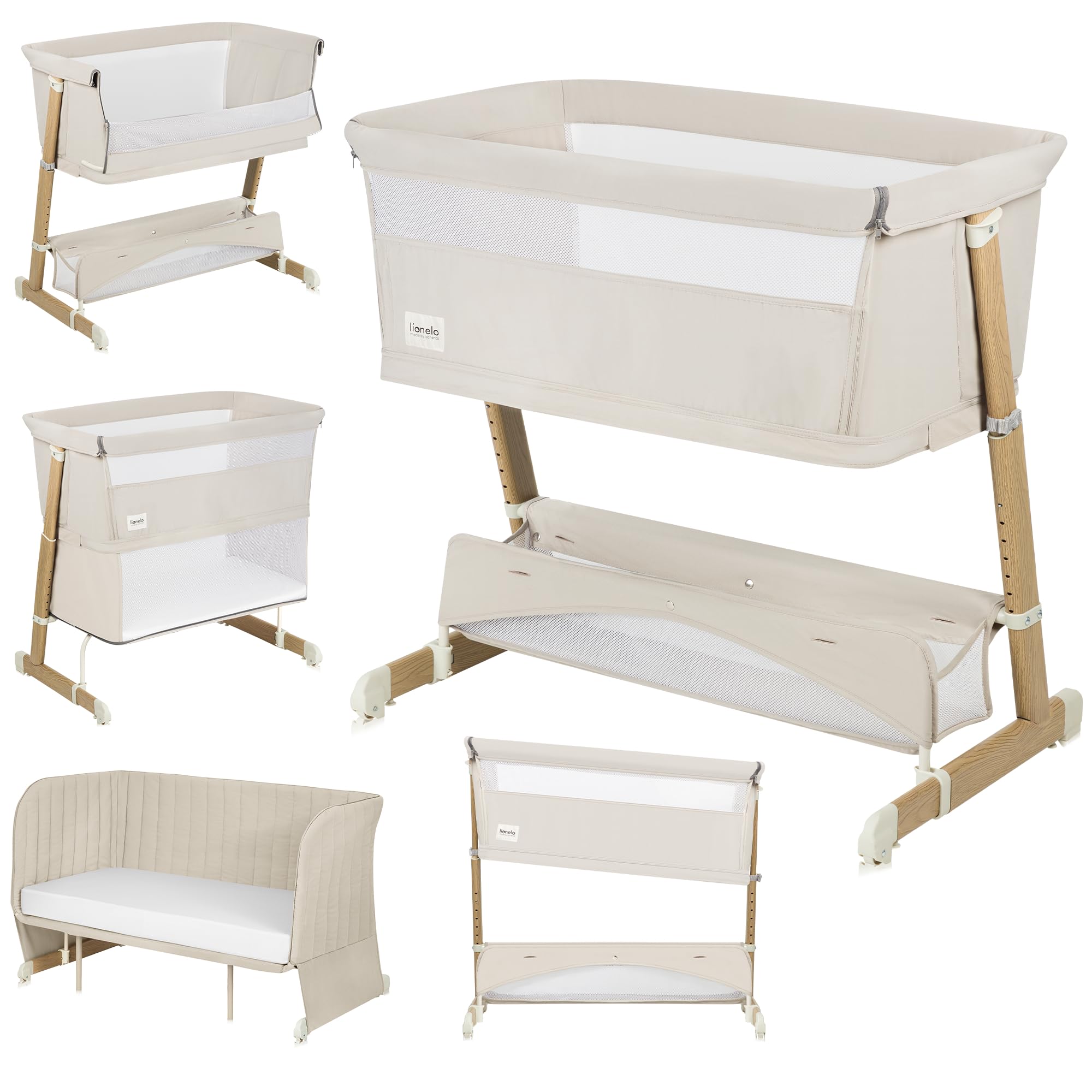 lionelo THOMI Plus 5 en 1 Lit Bébé sur Pied, Convertible jusqu'à 9 kg, pour Un Enfant Plus Âgé jusqu'à 30 kg, Parc Enfant Jusqu'à 15 kg, Canapé-Lit jusqu'à 100 kg Réglable en Hauteur, 2 Roues