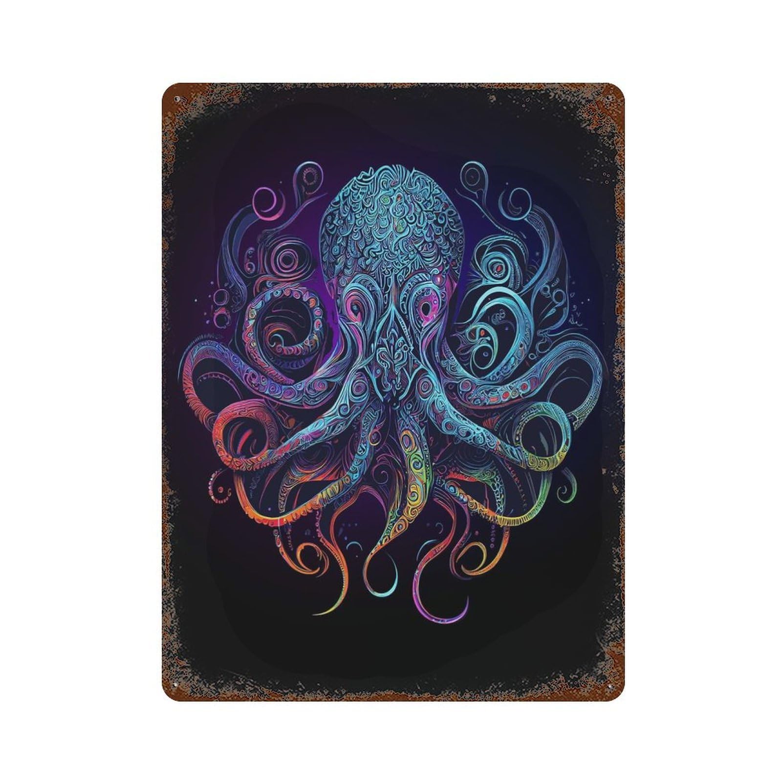 Garage Style Colorful Kraken Octopus Aged Metal Wall Plaque 15.7"x11.8", Novelty Wall Decor for Bar And Workshop