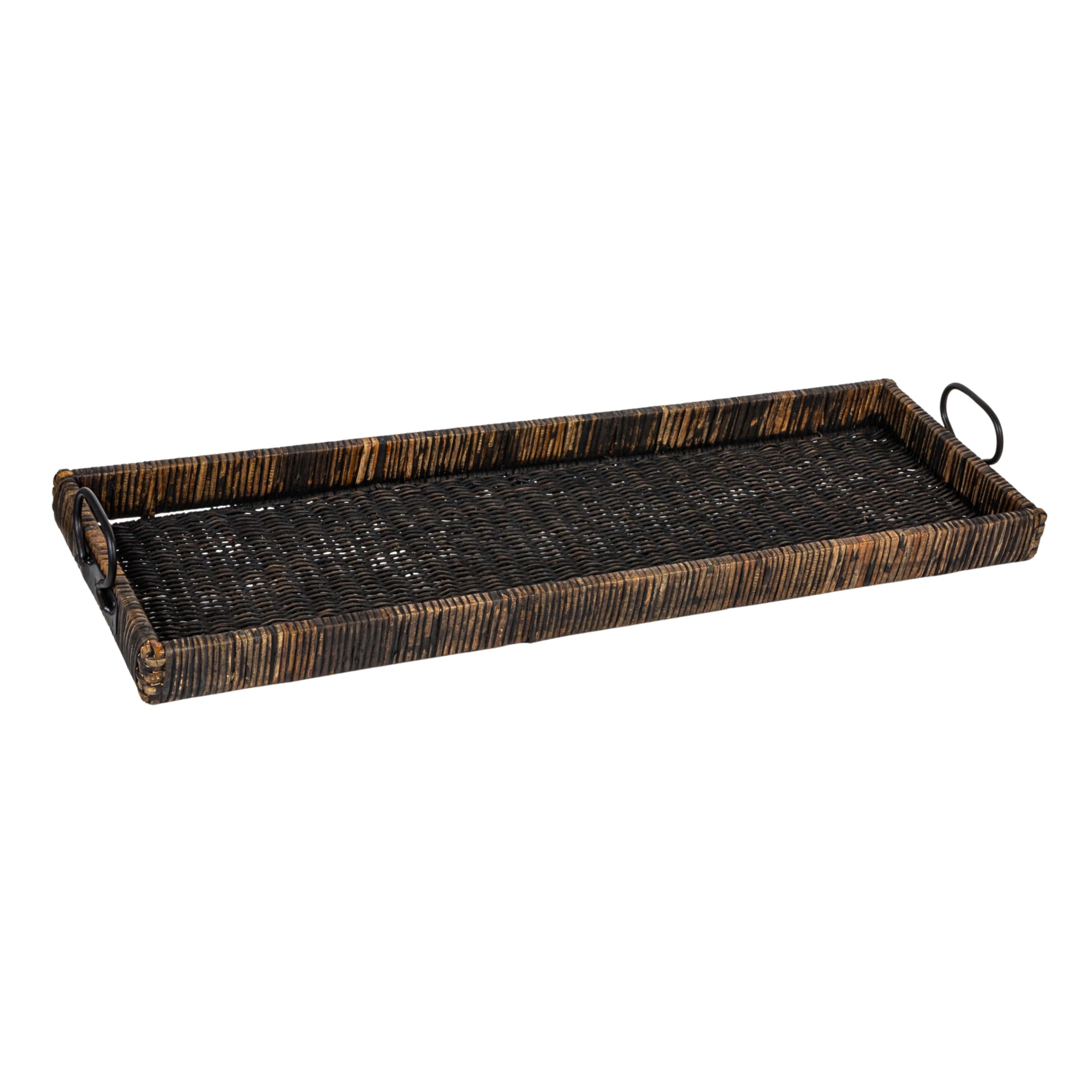 Creative Co-Op Black Rattan & Wood Tray with Handles