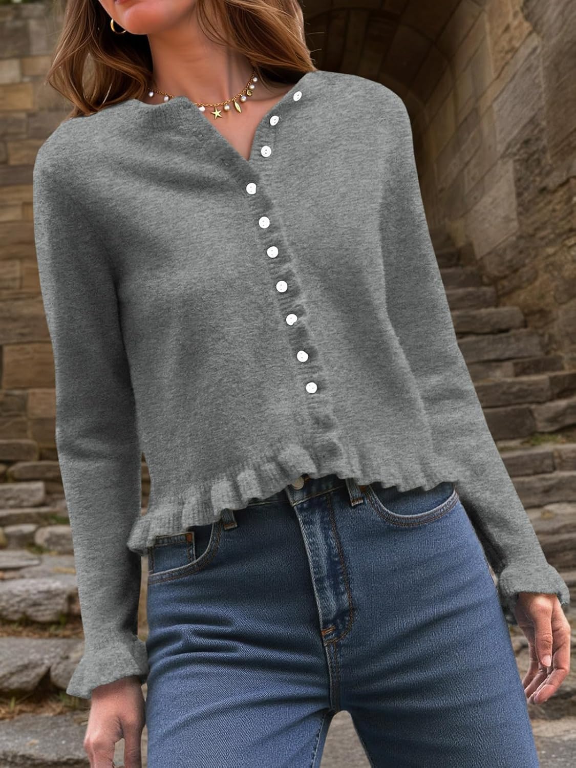 Saodimallsu Womens Ruffle Cardigan Sweaters Button Up Crew Neck Long Sleeve Cropped Sweater Cute Soft Knit Tops - Image 3