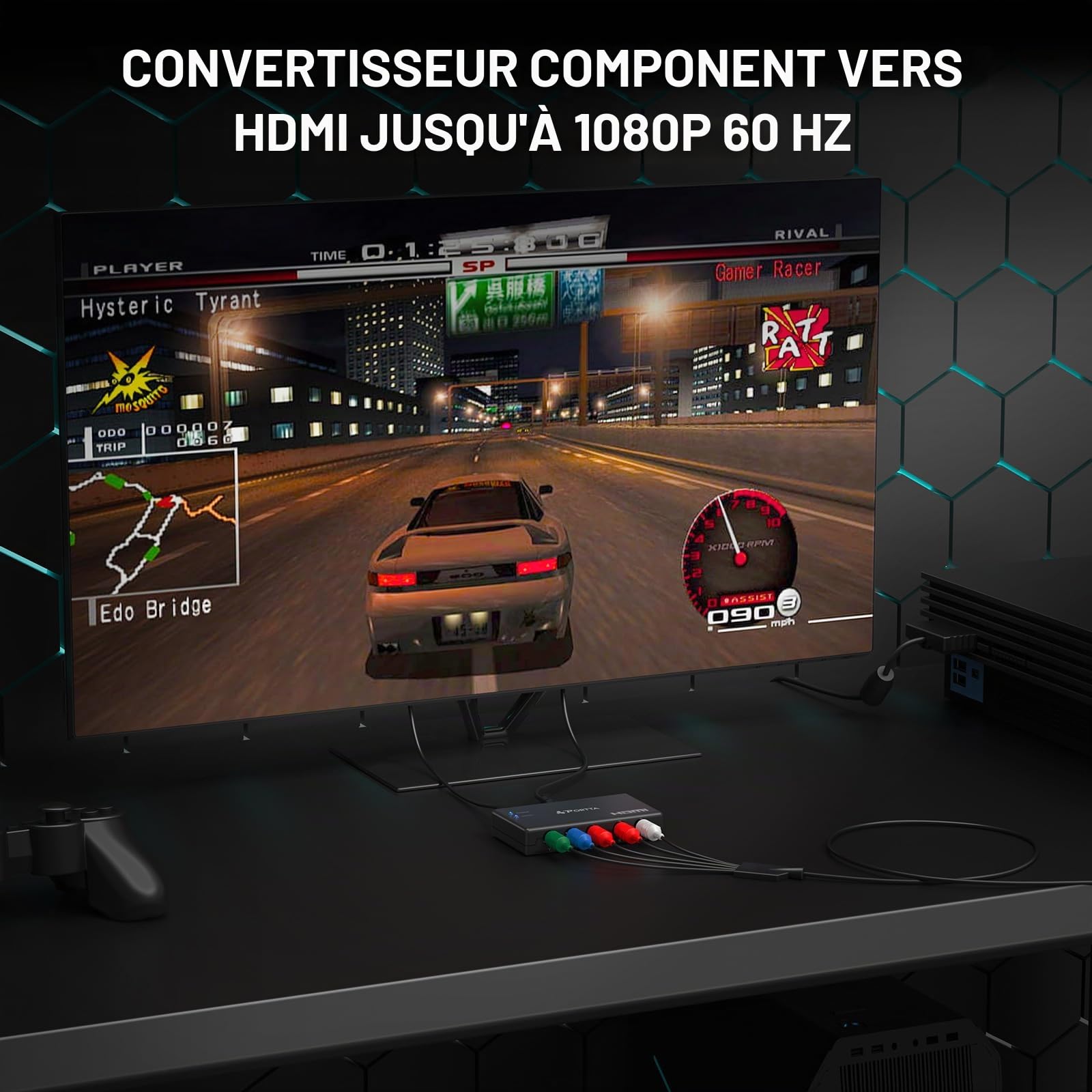 PORTTA Component vers HDMI Converter, 5 RCA YPbPr to HDMI Video Converter, RGB toHDMI Convertisseur Compatible vers PS2, PS3, Wii, DVD, Xbox 360, HDTV, Monitor